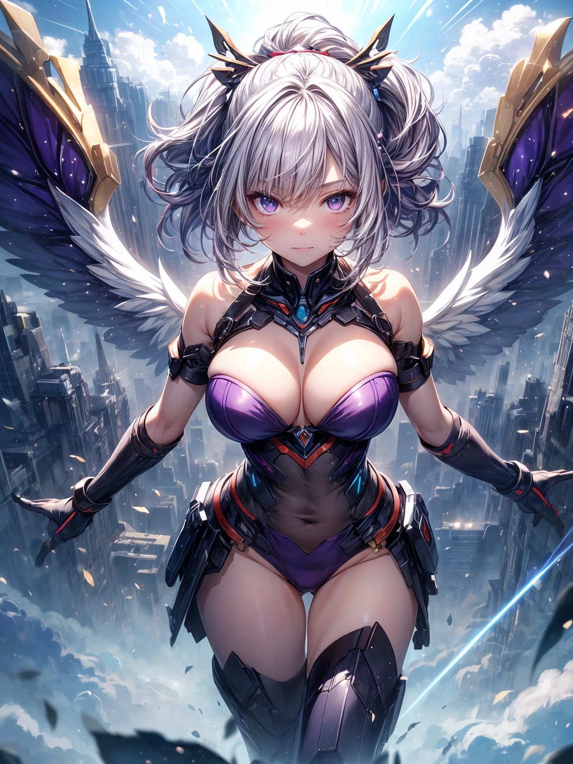 (masterpiece、highest quality, wonderful, very detailedティッカーユニティ、8k wallpaper, Depth of written boundary, Ultra-fine illustration:1.5)、。.。.3D, very detailed, (Full body Esbian、mecha princess girl:1.3), sci-fi battlefield, Hawken, smile, open your mouth、short ponytail hair, (purple hair, dark purple eyes:1.2), sparkling eyes, cute顔, cute, big breasts, delicate hair, messy hair, (((Flying high in the sky))、blue sky, White cloud), shiny hair, shiny skin, (Symmetrical mechanical winetallic colored mechanical wings that are widely expanded to the left and right so that they protrude wonderfully from the screen, bite, white hair ornament), (particles of light, cinematic lighting: 1.3), (pale pink lips: 0.8), by Yusuke Murata.
