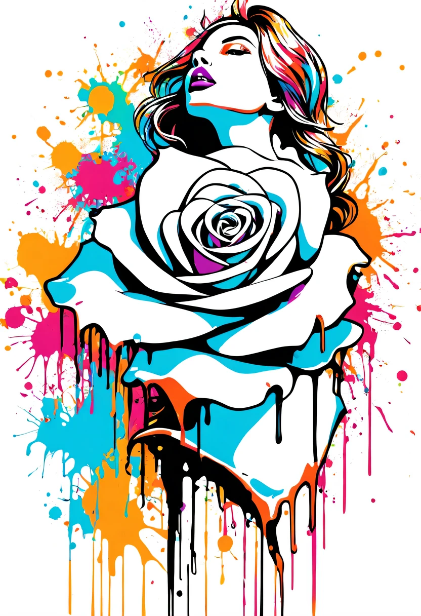 vector art, Color illustration with graffiti white rose, Located in the center, bright colors, Paint splashes and stains, high detail, White background,1 lady,thin legs,shirt,clear face,