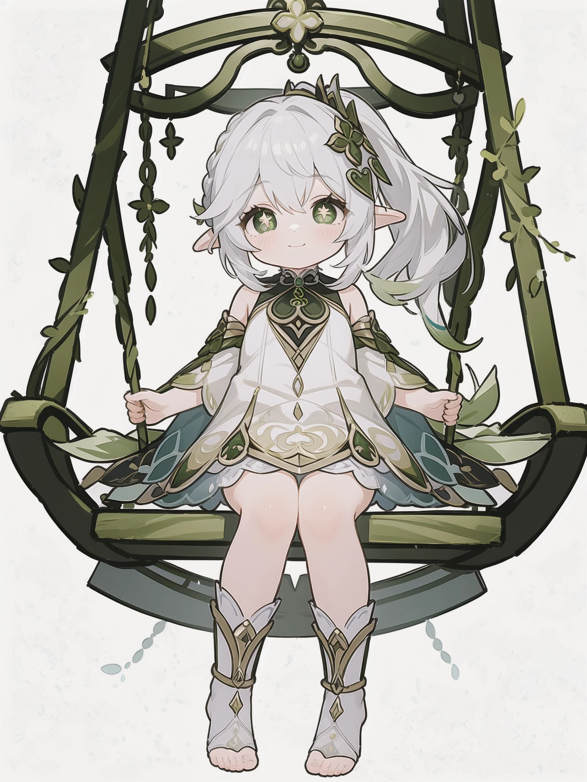 masterpiece, best quality, swing,sitting,full body,1girl,nahida \(genshin impact\),white hair,multicolored hair, side ponytail,hair ornament,green eyes,symbol-shaped pupils,pointy ears, jewelry, detached sleeves,white dress,toeless legwear,grey background, smile