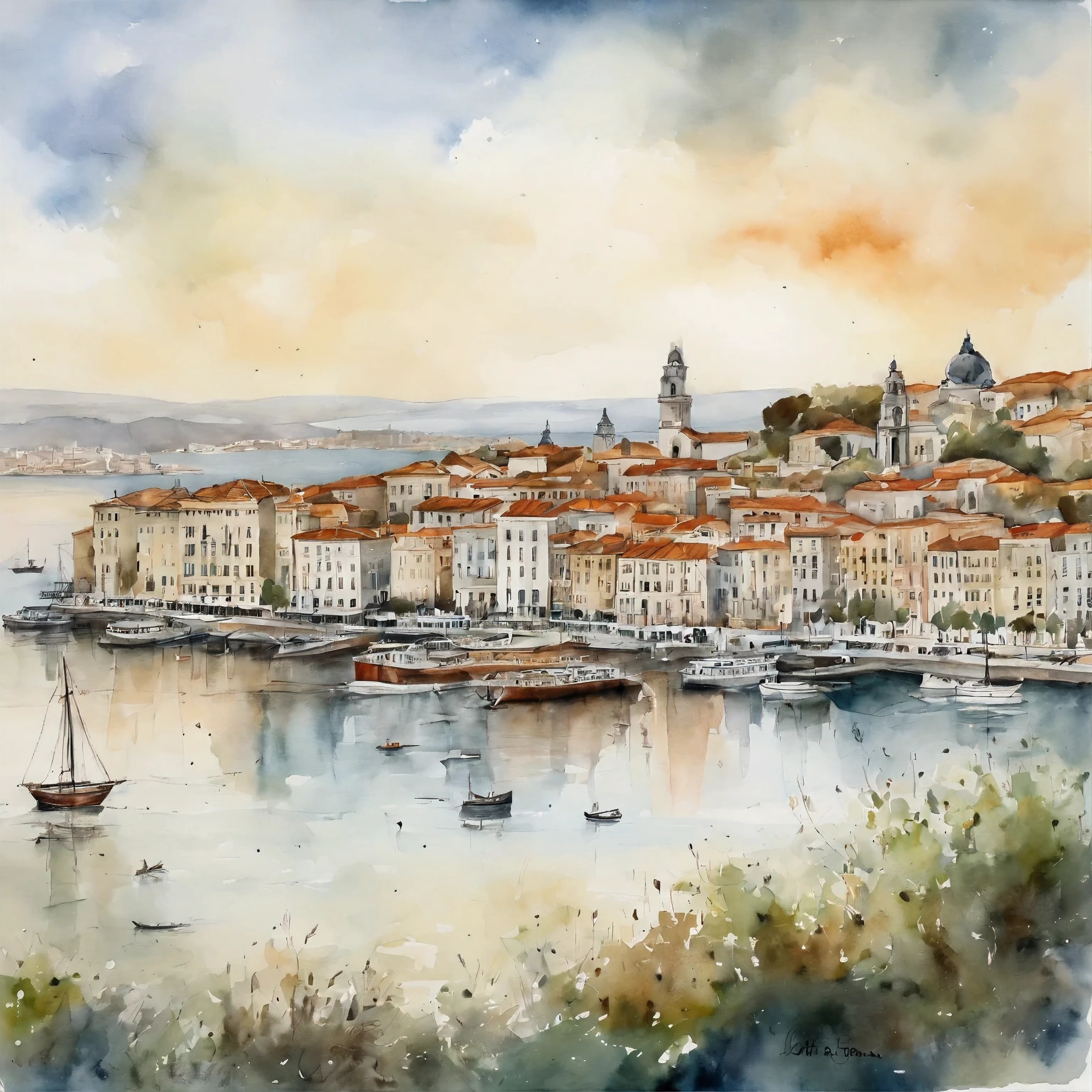 Port of lisbon and beautiful view of the Bosphorus in style by Jean Paul Croquineur.  lisboa, Barcos, nubes, acuarela, Architectural drawing, clausura, Vista frontal con plano, pluma, [color de tinta], tonos sucios, coloreado