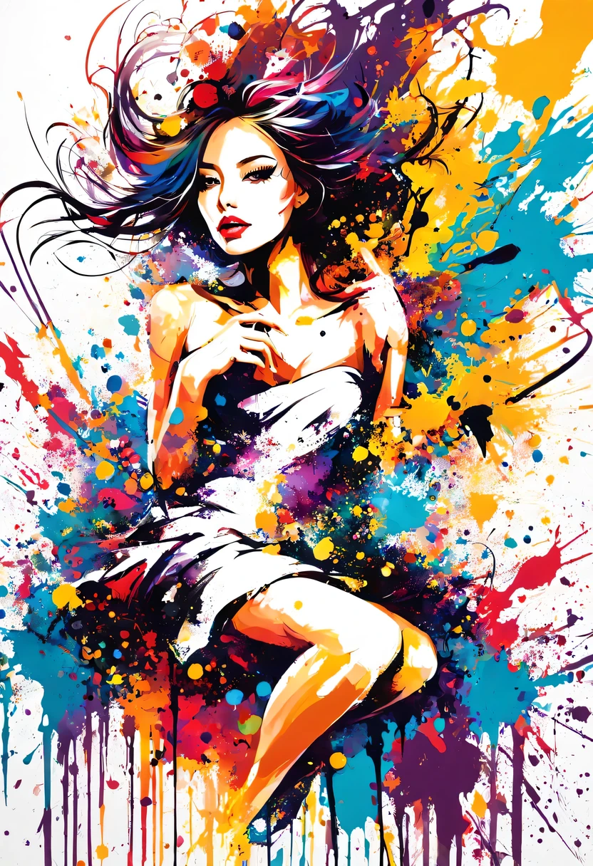 masterpiece, splash art, colorful, colorful splash art, reduce、Scattered paint painting, magician, Stylized abstract portrait of beautiful girl,Street graffiti