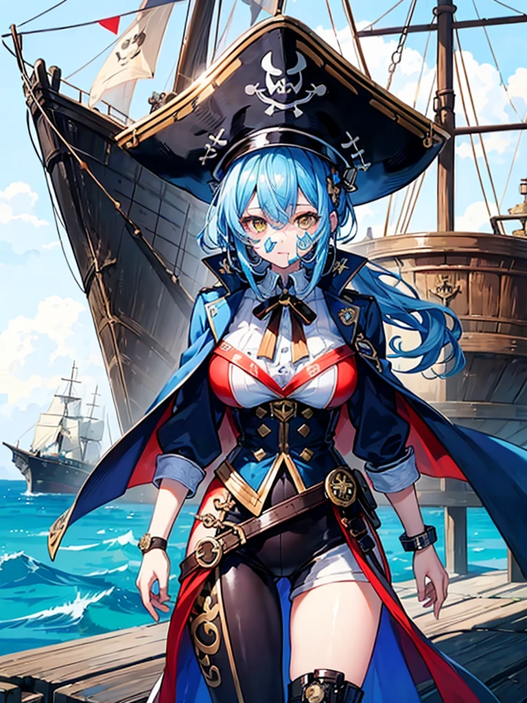 (((masterpiece、Highest image quality、highest quality、highly detailed unity 8kwallpaper)))、((Illustration of one girl、upper body))、(((beautiful girl)))、(fantasy、female pirate)、(Light light blue hair、short ponytail:1.2、yellow eyes)、(((Right hand is a prosthetic hand、steampunk prosthetic arm)))、((tall))、bulky figure, massive frame, thick neck, sturdy arms, powerful legs、(captain's suit、Pirate hat、Blue coat)、pier、pirate ship anchored、Wooden sailing ship