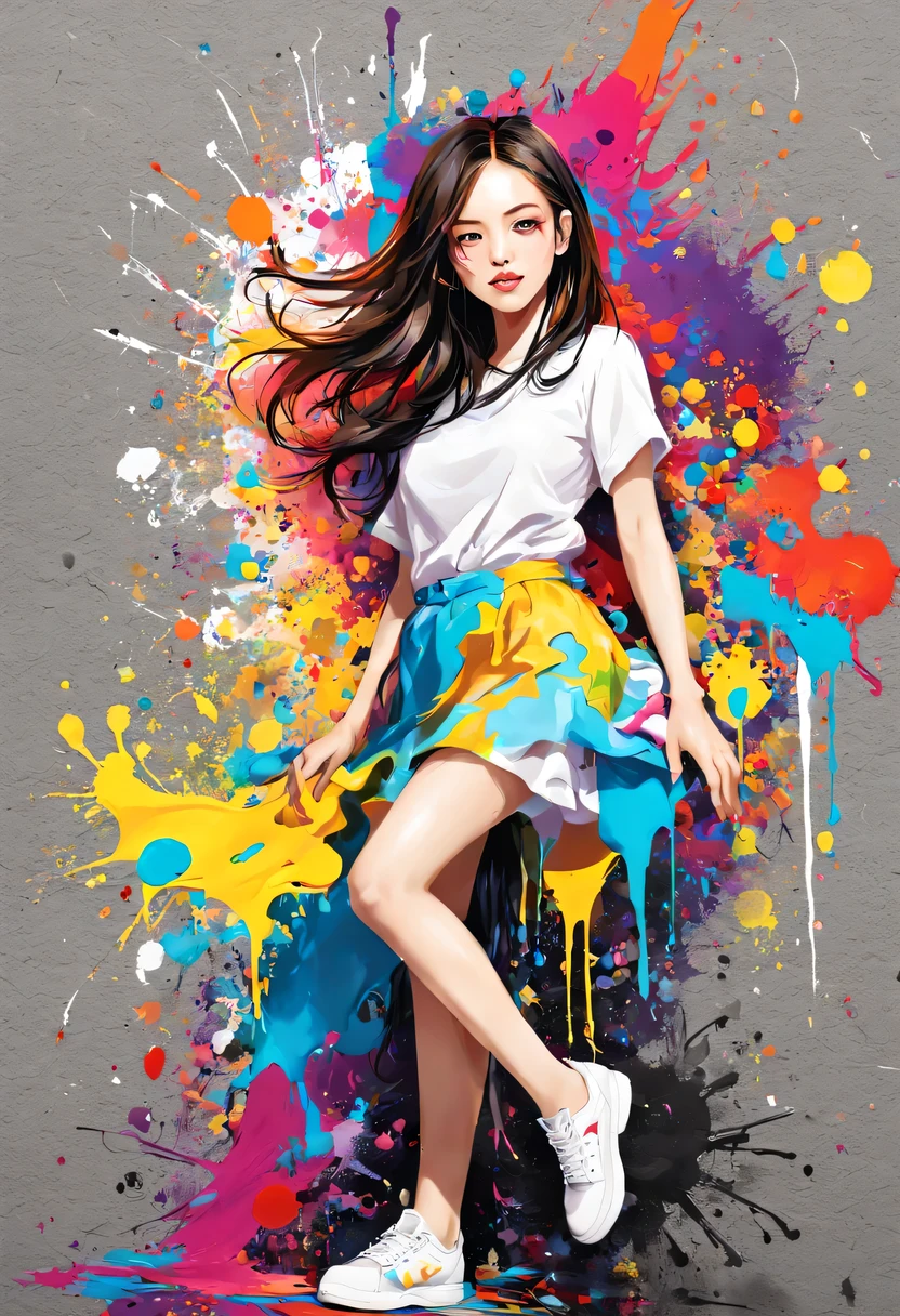 masterpiece, splash art, colorful, colorful splash art, reduce、Scattered paint painting, magician, Stylized abstract portrait of beautiful girl,Street graffiti