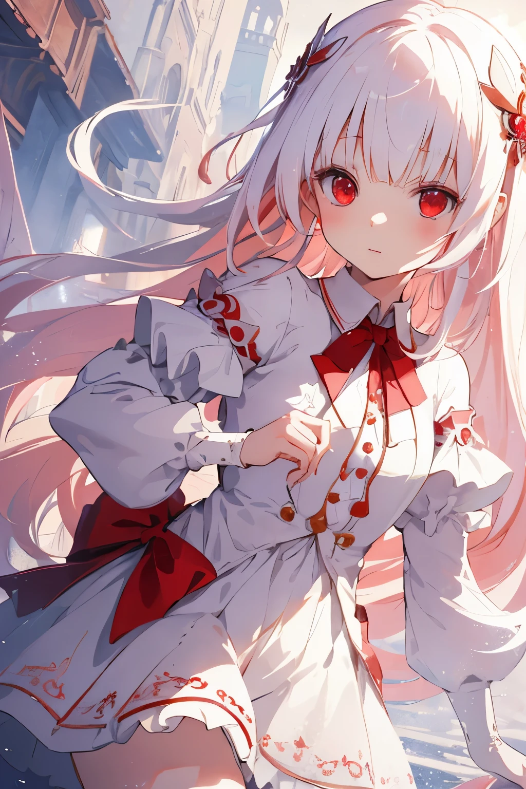 beautiful illustration, best quality, cute petit girl, (transform sequence), transform magical girl, chibi, white magical girl, fractal art, albino, babyface, long pure white and red mesh hair, beautiful detailed red eyes, cinematic lighting, cowboy shot, looking at viewer, from bottom, happy