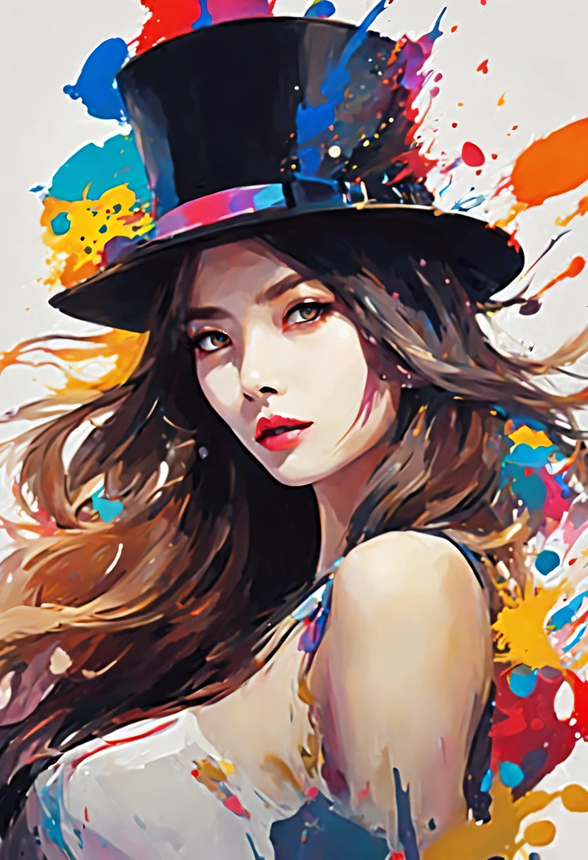 masterpiece, splash art, colorful, colorful splash art, reduce、Scattered paint painting, magician, beautiful girl,Stylized abstract portrait of beautiful girl