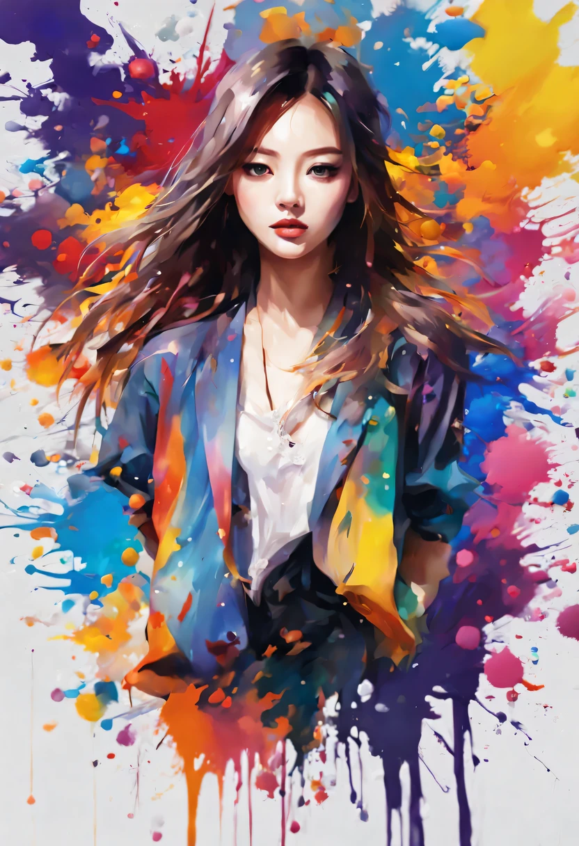 masterpiece, splash art, colorful, colorful splash art, reduce、Scattered paint painting, magician, beautiful girl,Stylized abstract portrait of beautiful girl