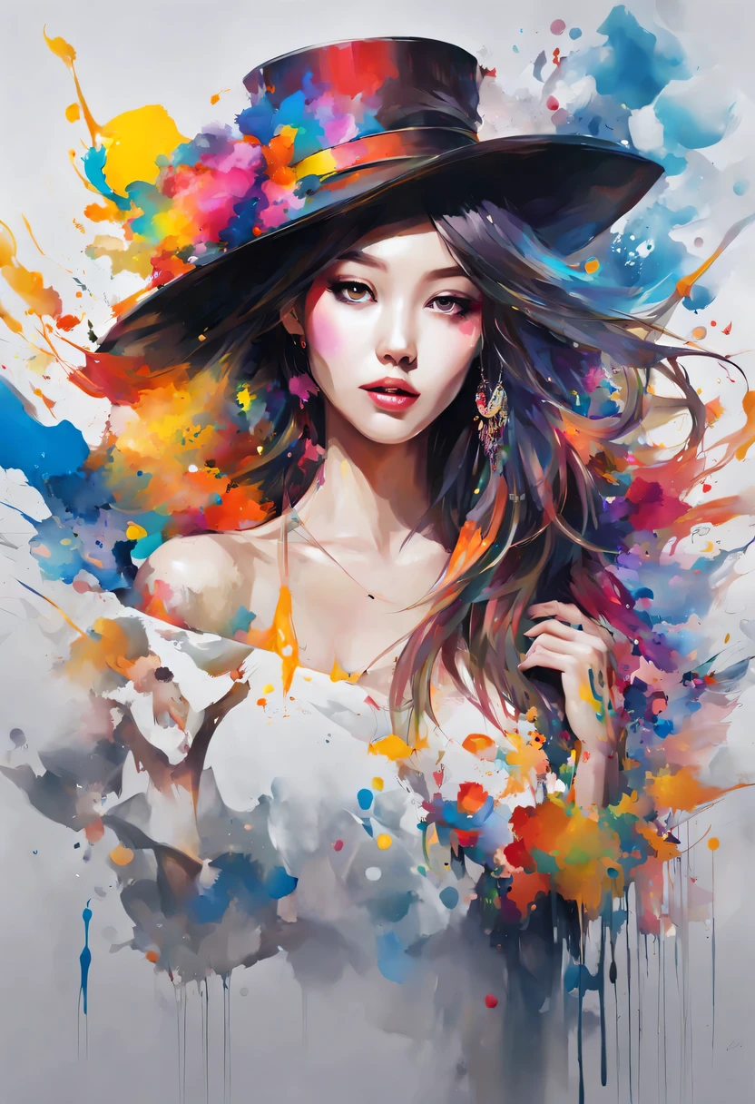 masterpiece, splash art, colorful, colorful splash art, reduce、Scattered paint painting, magician, beautiful girl,Stylized abstract portrait of beautiful girl