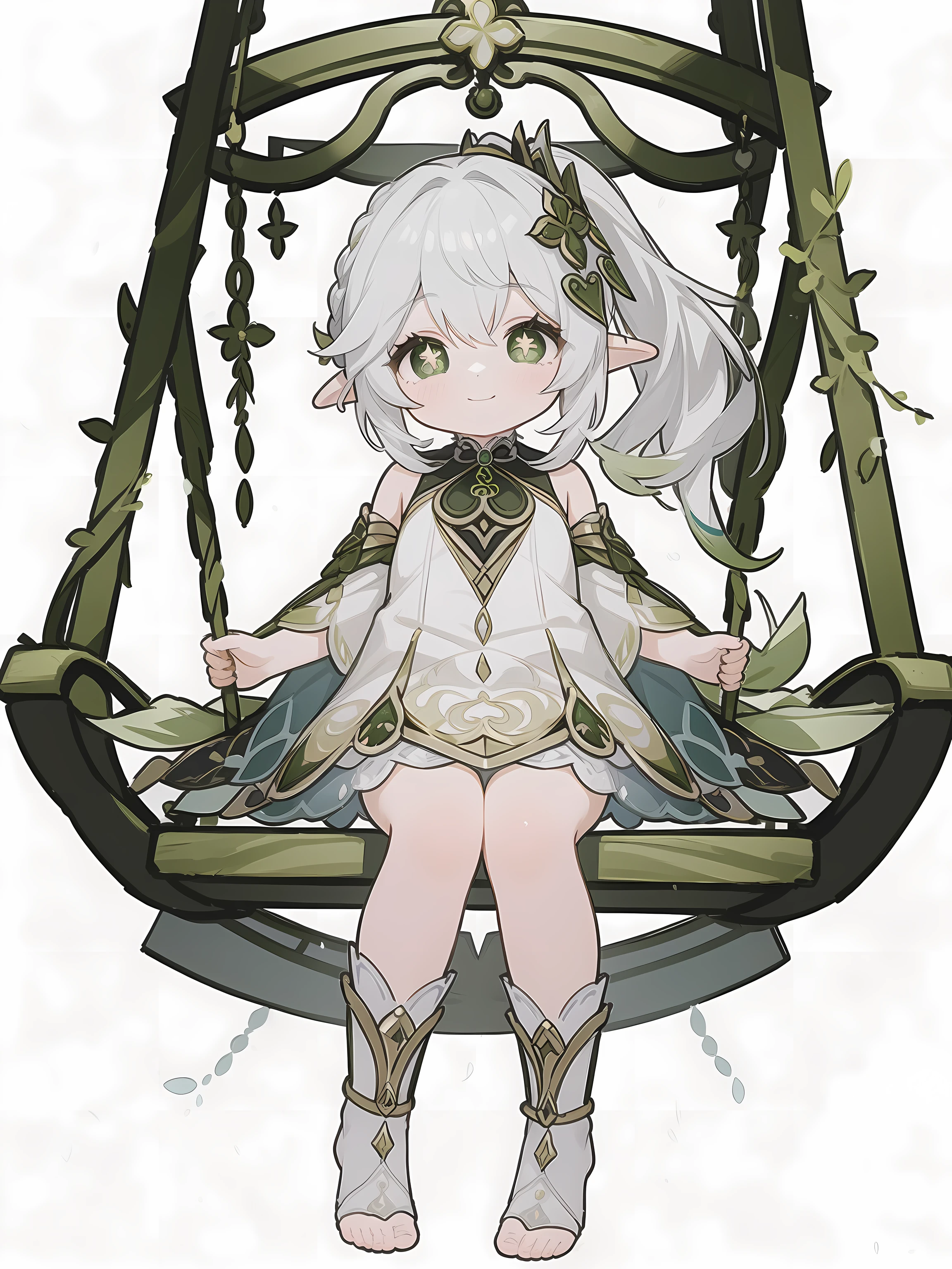 masterpiece, best quality, swing,sitting,full body,1girl,nahida \(genshin impact\),white hair,multicolored hair, side ponytail,hair ornament,green eyes,symbol-shaped pupils,pointy ears, jewelry, detached sleeves,white dress,toeless legwear,grey background, smile