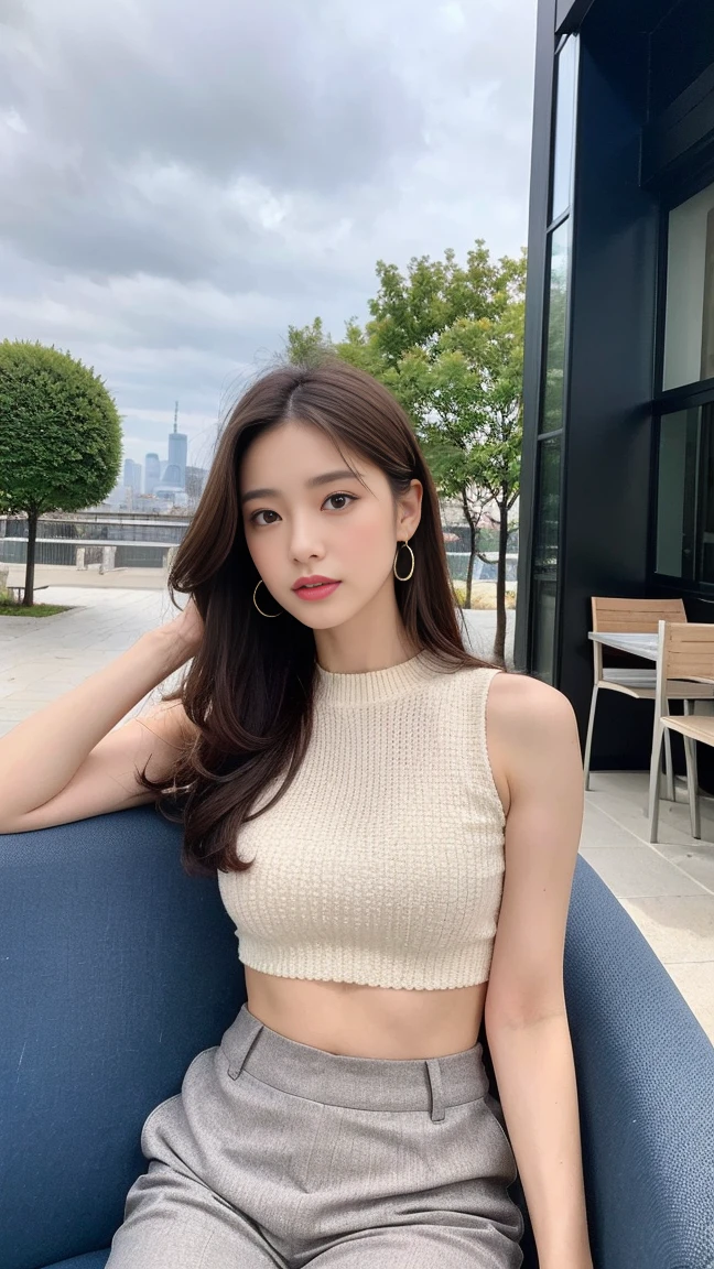dark brown hair、light brown eyes、Japanese actress face、 lady、looks like him;I&#39;Iは40歳くらいです、(intricate details:1.2)、(Top Quarit:1.4)、 (ultra high resolution:1.2)、ultra high resolution、(fine eyes)、(detailed facial features)、ticker、8K resolution、D cup size breasts、hair length、crop top、wide pants、Terrace cafe facing the Paris skyline、sitting on a chair in a cafe、Chanel shop in Paris can be seen in the background.、full body photo、Photographed from head to toe、Pose leaning against the wall、Pose as if waiting for someone、