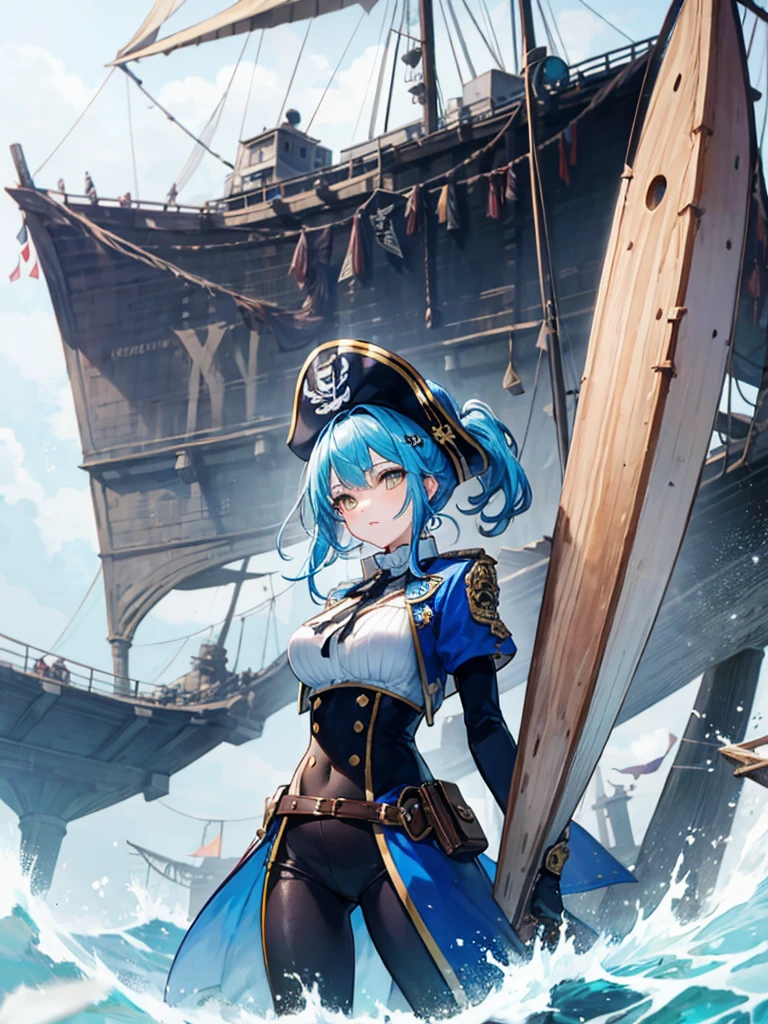 (((masterpiece、Highest image quality、highest quality、highly detailed unity 8kwallpaper)))、((Illustration of one girl、upper body))、(((beautiful girl)))、(fantasy、female pirate)、(Light light blue hair、short ponytail:1.2、yellow eyes)、(((Right hand is a prosthetic hand、steampunk prosthetic arm)))、((tall))、(bulky figure, massive frame, thick neck, sturdy arms, powerful legs)、(captain's suit、Pirate hat、Blue coat)、pier、pirate ship anchored、Wooden sailing ship