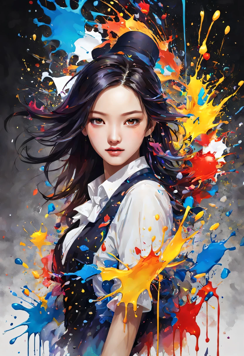 masterpiece, splash art, colorful, colorful splash art, reduce、Scattered paint painting, magician, beautiful girl