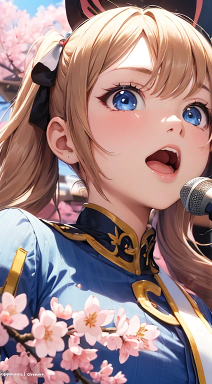 1 female, alone, long hair, (twin tails:1.5, cherry blossom hair), blue eyes, beautiful and detailed eyes, idol girl, expressive face, Singing Face, light, colorful, high contrast, (masterpiece), wallpaper, dynamic pose, cute face
