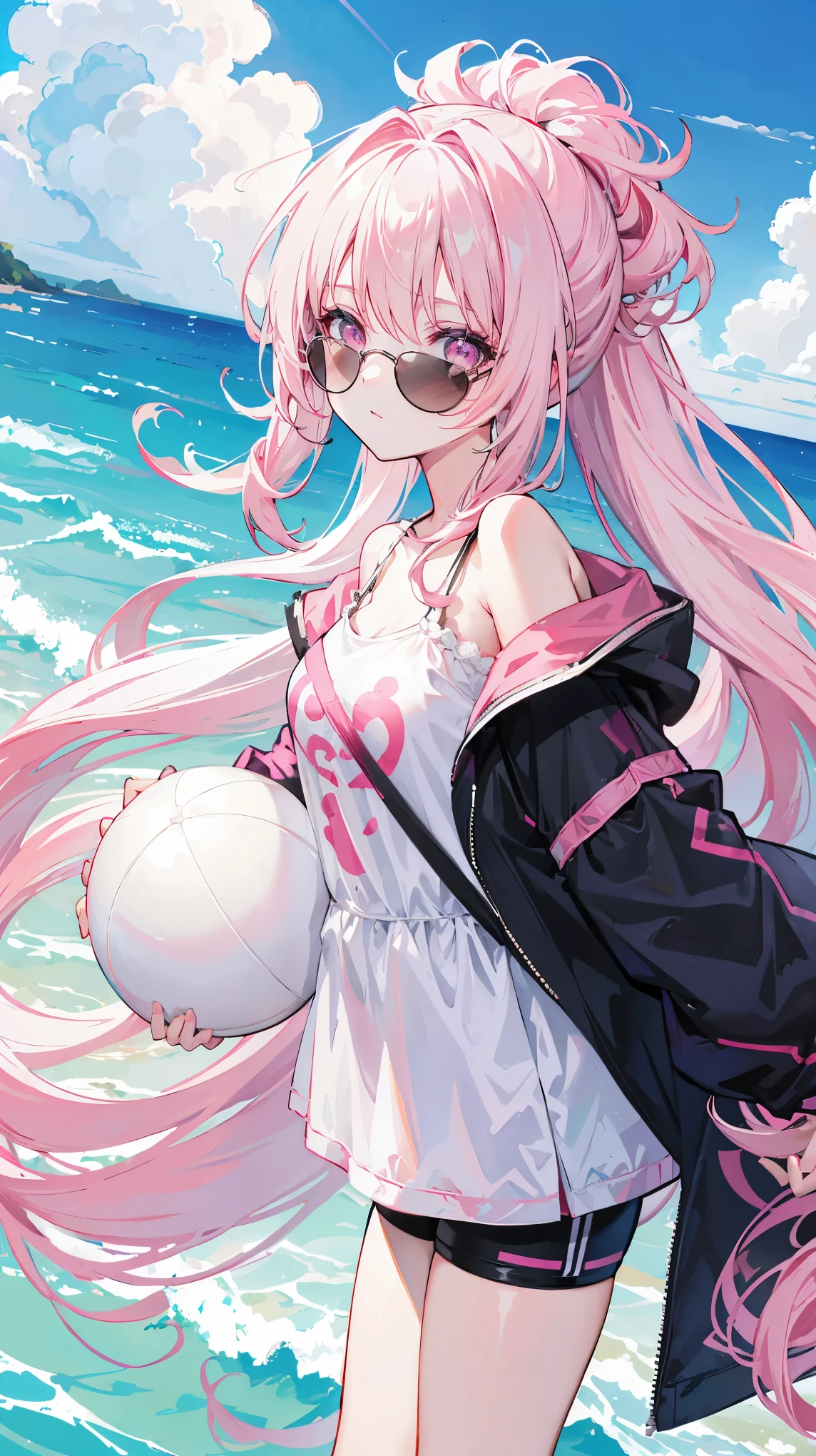 Light pink curls，long white hair，pink eyes，girl，Hair scattered behind him，A ball head tied on the head，sloping hair curtain，He wears a very cute sunglasses on his head，White off-the-shoulder sports short sleeves，Black sports shorts，Pink off-shoulder coat，anime illustration，The color of the picture fades from blue to pink，summer，seaside，