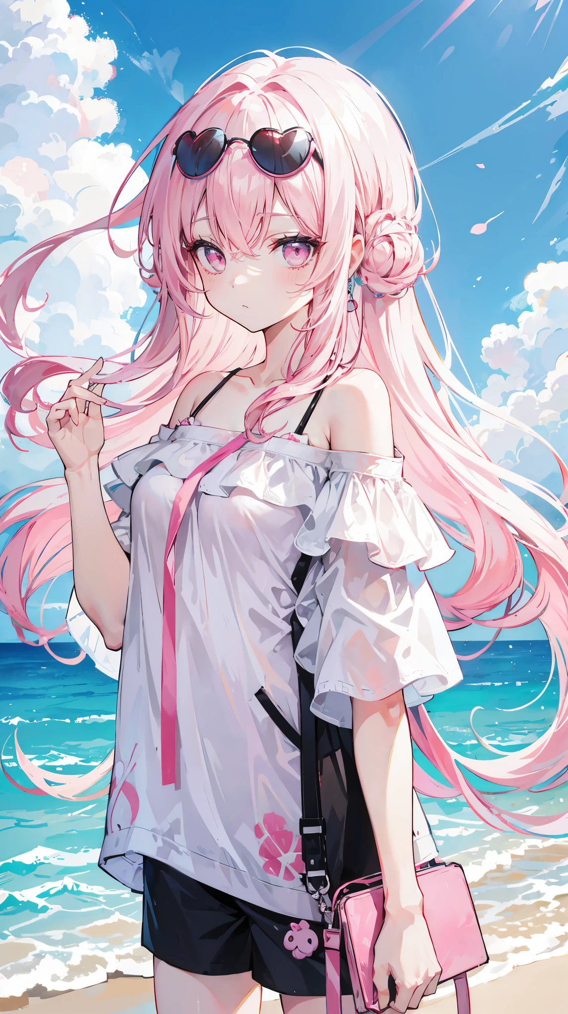 Light pink curls,long white hair,pink eyes,girl,Hair scattered behind him,A ball head tied on the head,sloping hair curtain,He wears a very cute sunglasses on his head,White off-the-shoulder sports short sleeves,Black sports shorts,Pink off-shoulder coat,anime illustration,The color of the picture fades from blue to pink,summer,seaside,