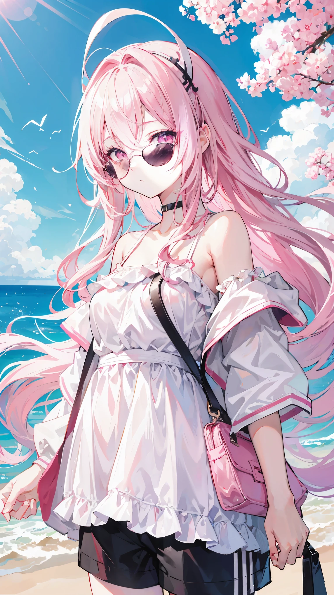 Light pink curls，long white hair，pink eyes，girl，Hair scattered behind him，A ball head tied on the head，sloping hair curtain，He wears a very cute sunglasses on his head，White off-the-shoulder sports short sleeves，Black sports shorts，Pink off-shoulder coat，anime illustration，The color of the picture fades from blue to pink，summer，seaside，