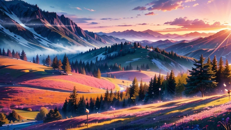 prompt: masterpiece, 最high quality, super detailed, 1 girl, detailed water, long hair, corkscrew curl, redhead, light gray eyes, (close), maple tree, mistletoe everywhere, nice, maple and spruce trees, cherry, cherry tree, smile, View from the front, wolf ears, snow background, SF, multiple tails, Tall evergreens stand tall and proud, Their branches were heavy with heavy snow, volume lighting AND masterpiece, 最high quality, high quality, Highly detailed CG unity 8k wallpaper vibrant spring landscape, Full of new life and color. The rolling hills are covered with a green carpet, Dotted with delicate wildflowers in shades of pink, purple, and yellow, volume lighting、sunrise