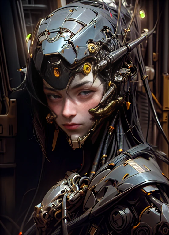 Top Quality, Masterpiece, Ultra High Resolution, ((Photorealistic: 1.4), Raw Photo, 1 cyberpunk android Girl, ((portrait)), Glossy Skin, (Ultra Realistic Details)), mechanical limbs, tubes connected to the mechanical parts, mechanical vertebrae attached to the spine, mechanical cervical attachment to the neck, wires and cables connecting to the head, Evangelion, ((Ghost in the Shell)), small glowing LED lamps, global lighting, deep shadows, Octane Rendering, 8K, Ultra Sharp, Metal, Intricate Ornament Details, baroque details, Very intricate details, realistic light, CGSoation trend, facing the camera, neon details, (android manufactory in background), art by H.R. Giger and Alphonse Mucha.