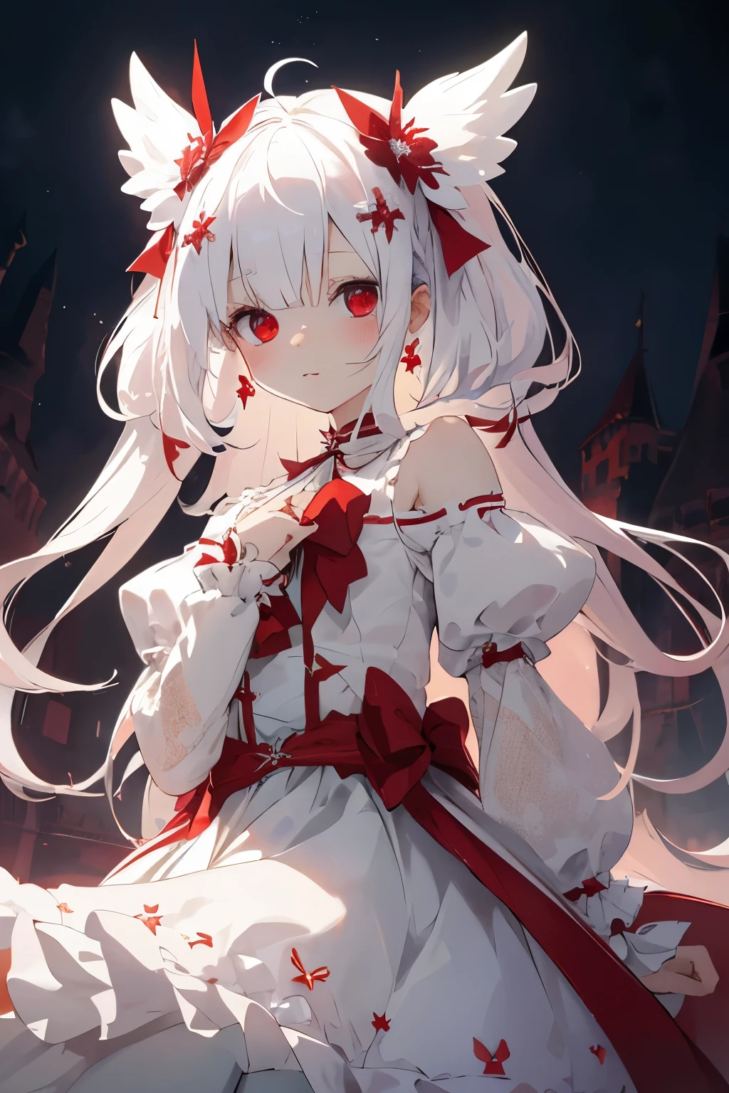 beautiful illustration, best quality, cute petit girl, (transform sequence), transform magical girl, chibi, white magical girl, fractal art, albino, babyface, long pure white and red mesh hair, beautiful detailed red eyes, cinematic lighting, cowboy shot, looking at viewer, from bottom, happy