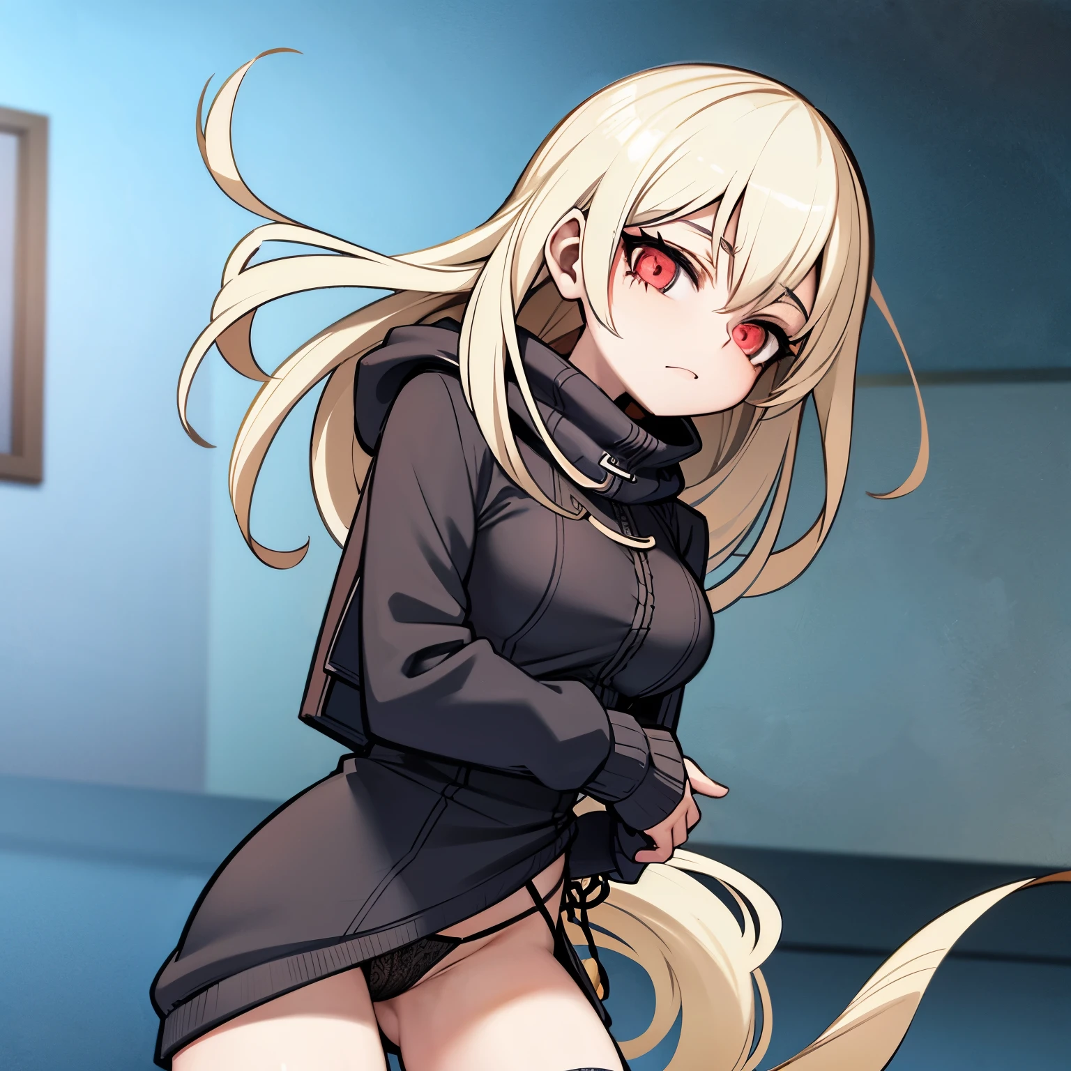 Anime style image of a girl who wears a long-sleeved sweater that covers her hands. She has a hood that covers her head. She is in panties and her thighs have mesh stockings.