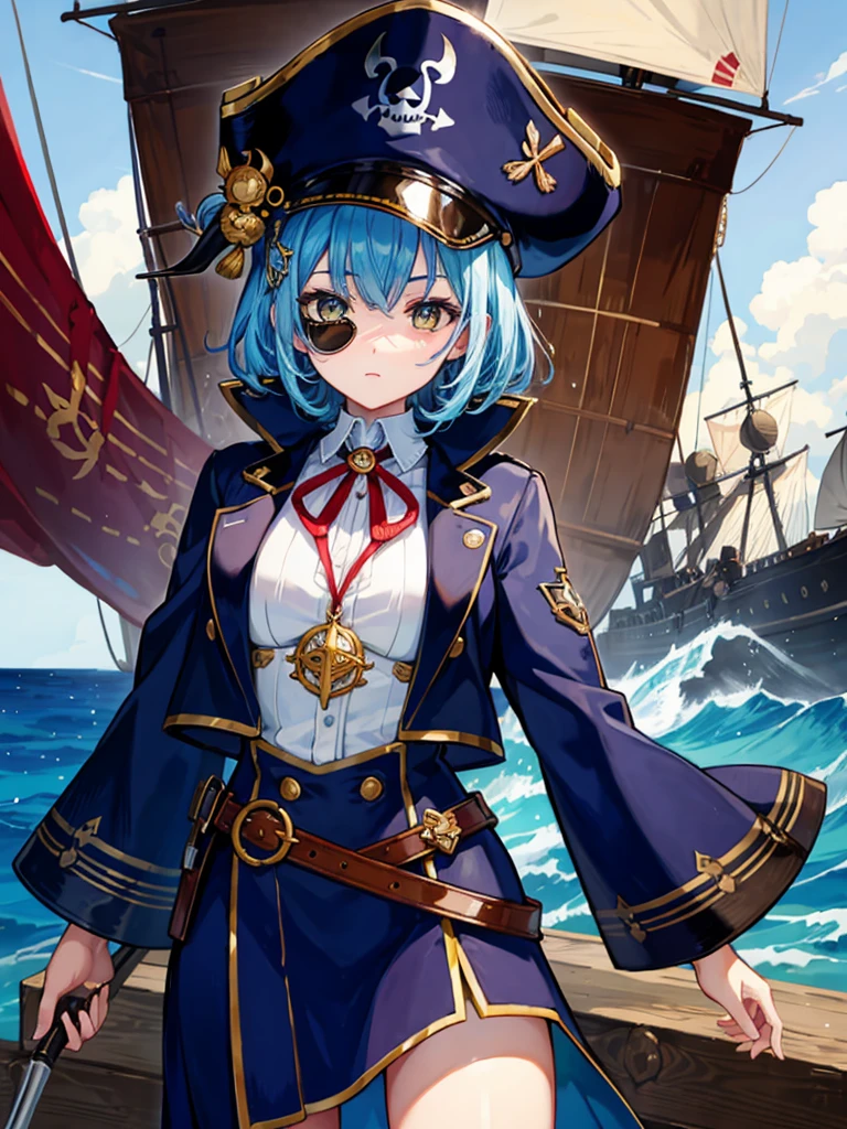 (((masterpiece、Highest image quality、highest quality、highly detailed unity 8kwallpaper)))、((Illustration of one girl、upper body))、(((beautiful girl)))、(fantasy、female pirate)、(Light light blue hair、short ponytail:1.2、yellow eyes)、(((Right hand is a prosthetic hand、steampunk prosthetic arm)))、((tall))、(bulky figure, massive frame, thick neck, sturdy arms, powerful legs)、(captain's suit、Pirate hat、Blue coat)、pier、pirate ship anchored、Wooden sailing ship