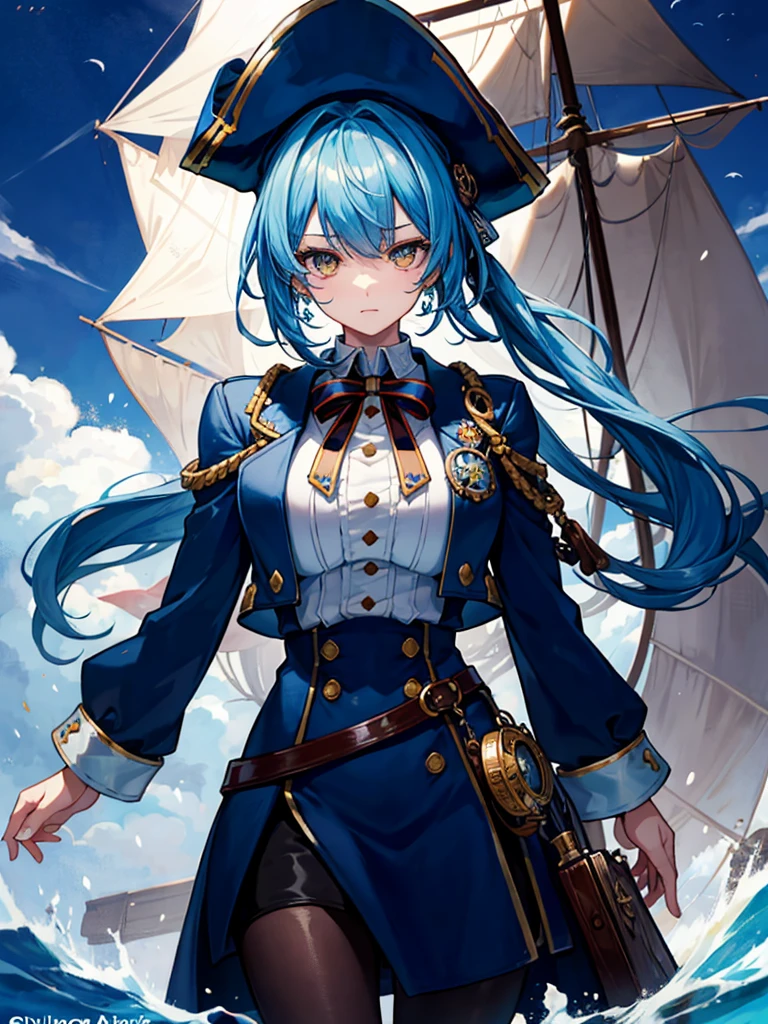 (((masterpiece、Highest image quality、highest quality、highly detailed unity 8kwallpaper)))、((Illustration of one girl、upper body))、(((beautiful girl)))、(fantasy、female pirate)、(Light light blue hair、short ponytail:1.2、yellow eyes)、(((Right hand is a prosthetic hand、steampunk prosthetic arm)))、((tall))、(bulky figure, massive frame, thick neck, sturdy arms, powerful legs)、(captain's suit、Pirate hat、Blue coat)、pier、pirate ship anchored、Wooden sailing ship