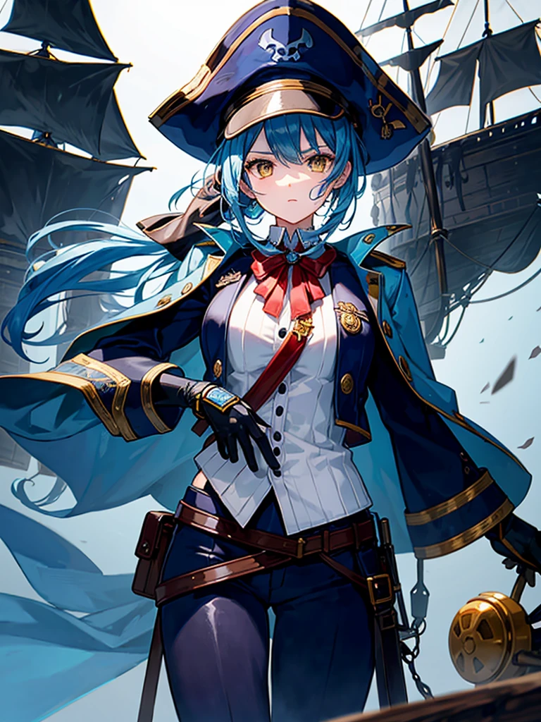 （（（masterpiece、Highest image quality、highest quality、highly detailed unity 8ｋwallpaper）））、（（Illustration of one girl、upper body））、（（（beautiful girl）））、（fantasy、female pirate）、（Light light blue hair、short ponytail：1.2、yellow eyes）、（（（Right hand is a prosthetic hand、steampunk prosthetic arm）））、（（tall））、（bulky figure, massive frame, thick neck, sturdy arms, powerful legs）、（captain&#39;s suit、Pirate hat、Blue coat）、pier、pirate ship anchored、Wooden sailing ship