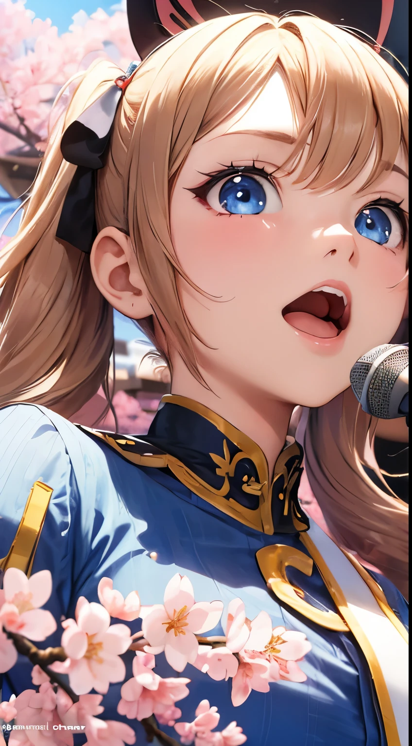 1 female, alone, long hair, (twin tails:1.5, cherry blossom hair), blue eyes, beautiful and detailed eyes, idol girl, expressive face, Singing Face, light, colorful, high contrast, (masterpiece), wallpaper, dynamic pose, cute face