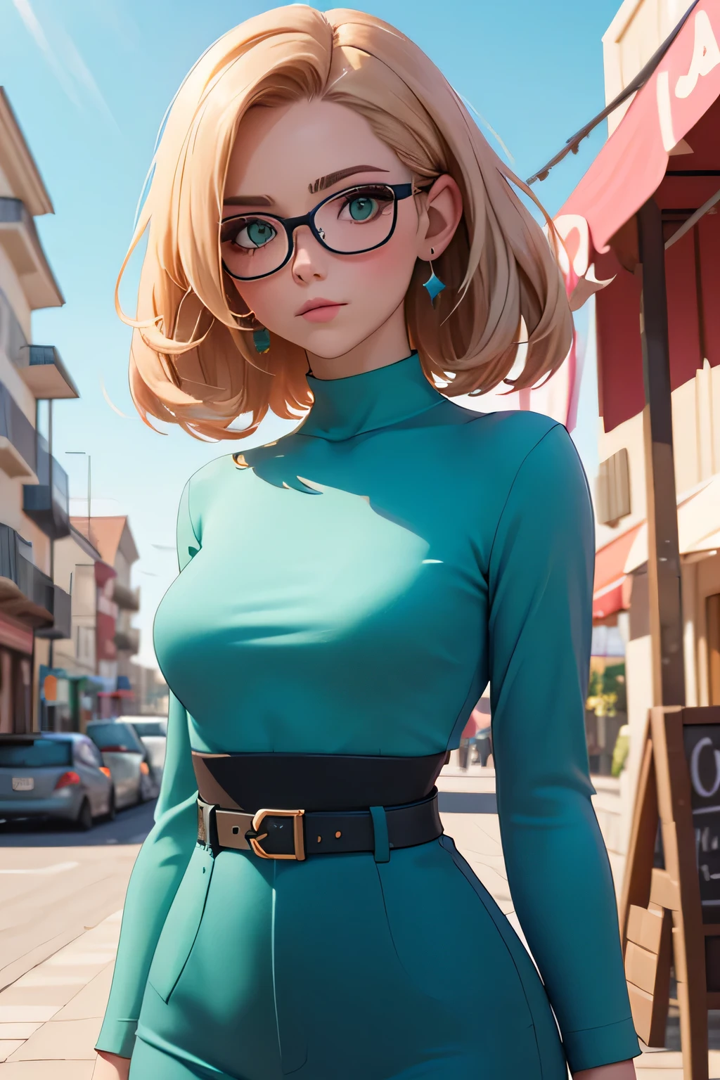 (masterpiece, professional photo:1.1), (8k, high resolution), single, solo women, European, (straight messy hair (dark blonde)), sexy curve, beautiful face, ultra detail eyes, (glasses:1.1), small breast, (high waist short pink:1.2), (teal high neck:1.2), sexy goddess, street, old beach side build, high quality image