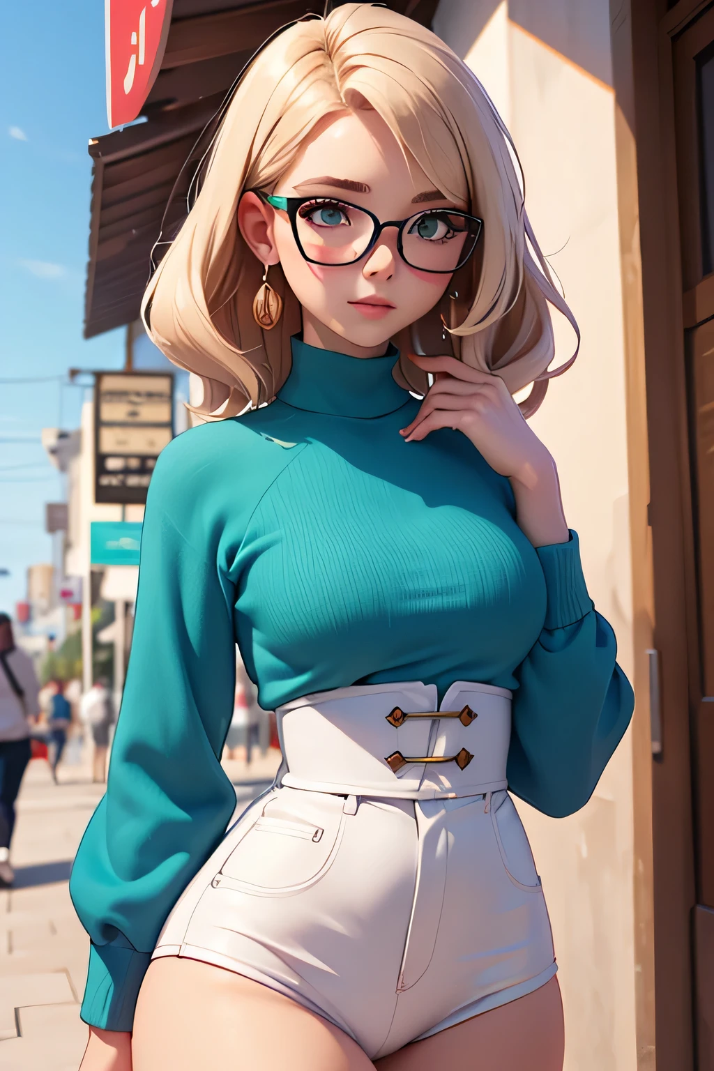 (masterpiece, professional photo:1.1), (8k, high resolution), single, solo women, European, (straight messy hair (dark blonde)), sexy curve, beautiful face, ultra detail eyes, (glasses:1.1), small breast, (high waist short pink:1.2), (teal high neck:1.2), sexy goddess, street, old beach side build, high quality image