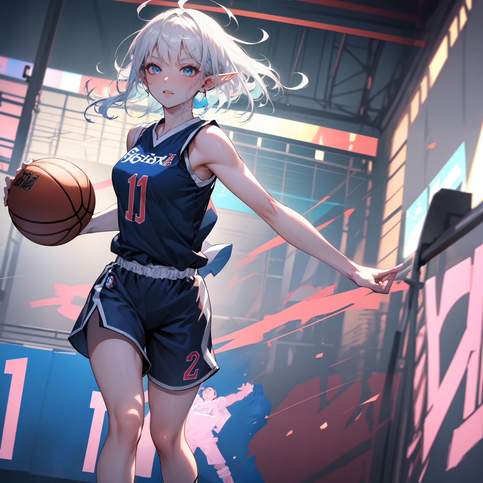 ((masterpiece)), (top quality), (best quality), ((ultra-detailed, 8k quality)), Aesthetics, Cinematic lighting, soft semi-backlit light, (detailed line art), absurdres, (best composition), (high-resolution),
BREAK,
portrait of beautiful basketball player (elf girl), full body,  playing basketball, (atmospheric perspective, wide angle), cinematic dramatic atmosphere, Dynamic pose, outdoors, (basketball court:1.3), ((basketball uniforms, Short pants)), (black armband), (white knee protector), sneakers, sweating, good composition, (bokeh:1.2), (blurry background:1.2), (depth of field:1.1), 
BREAK,
highly detailed of (elf), (1girl), solo, perfect face, details eye, ahoge, twin braids, white shining hair, hime cut bangs, medium hair, [[floating hair]], blue eyes, shining eyes, (beautiful detailed eyelashes, eyeshadow, pink eyeshadow), smirking, design art by Mikimoto Haruhiko, by Kawacy, By Yoshitaka Amano,
BREAK, 
((perfect anatomy)), perfect body, Abs, (medium breast), perfect hands, perfect face, beautiful face, beautiful eyes, perfect eyes, (perfect fingers, deatailed fingers), correct anatomy, perfect legs, perfect ball, Detailed ball,