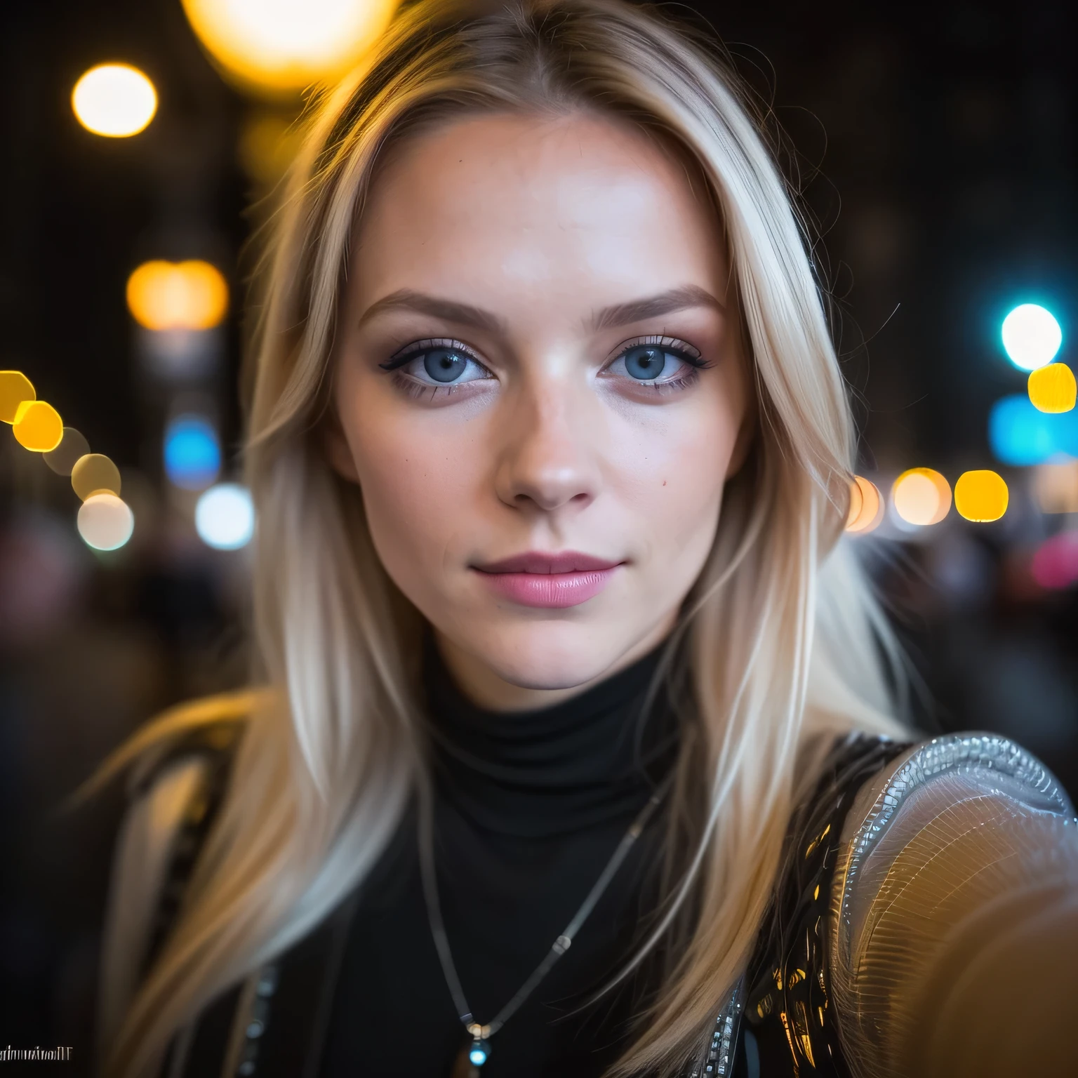 (Selfie, Draufsicht: 1.4), (straight half of the body: 1.4), RAW UHD portrait photo of a 24-year-old blonde (Blue-eyed woman) Eine dunkle Gasse entlanggehen, big ,, Stadt bei Nacht, (Rock), (Ausschnitt), Details (Gewebe! , Haar! , Glitzer, Farbe!! , Benachteiligungen: 1.1), shiny eyes with high level of detail (Blick in die Kamera), SLR-Beleuchtung, Spiegelreflexkamera, ultra quality, Sharpness, Depth of field, Filmkorn (Mitte), Fujifilm XT3, kristallklar, Rahmenmitte, Beautiful face, Scharfer Fokus, Streetlight, Neonbeleuchtung, bokeh (schwach beleuchtet), Nacht, (Nachthimmel), Detaillierte Hautporen, Oily skin, Sonnenbrand, Komplexe AugenDetails, full entire body, big