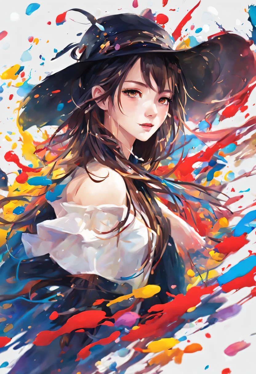 vector art, Color illustration with graffiti white rose, Located in the center, bright colors, Paint splashes and stains, high detail, White background，1 lady，thin legs，Will，The shirt is open，clear face，（（（Big breasts））），