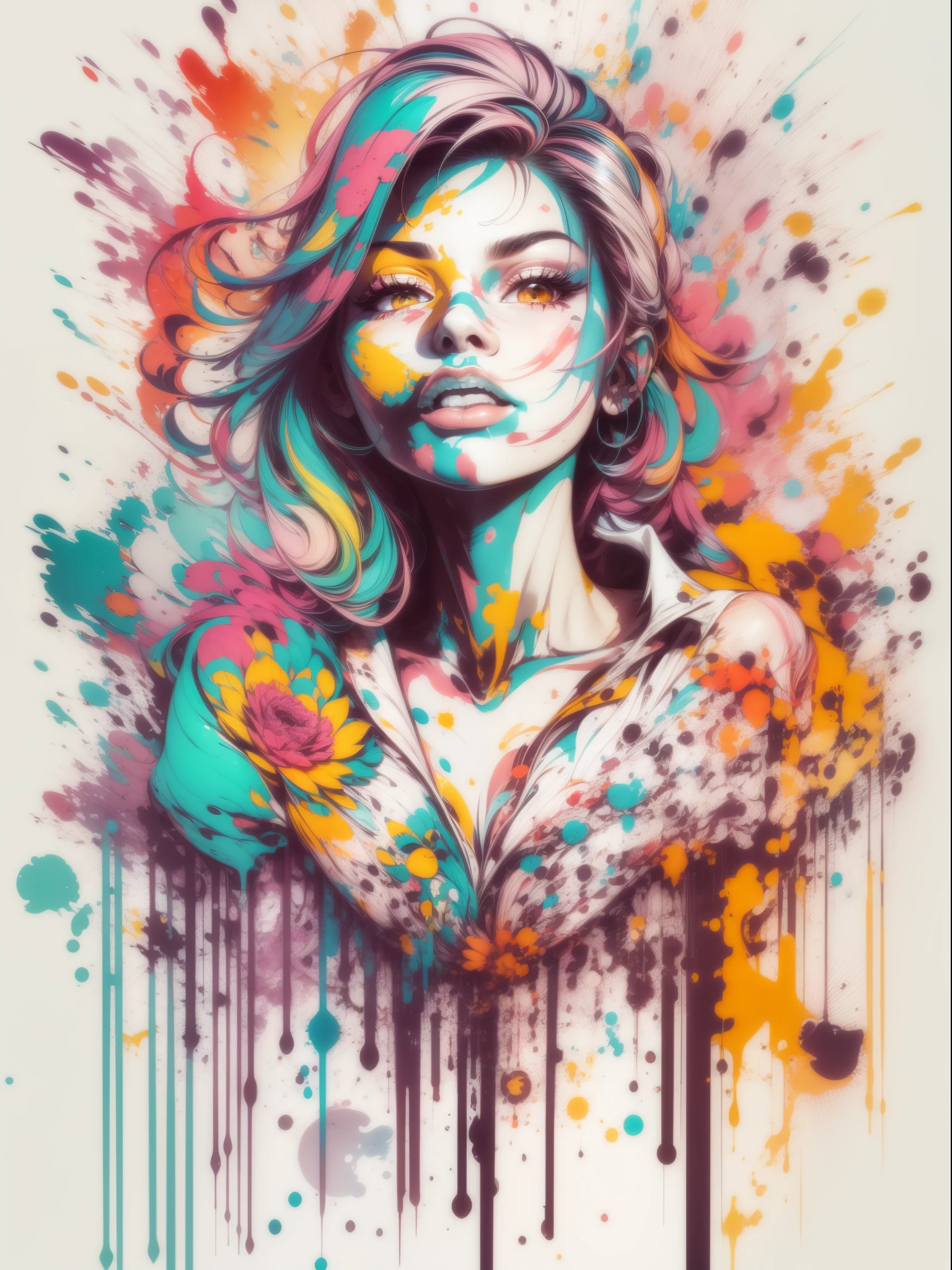 vector art, Color illustration with graffiti white rose, Located in the center, bright colors, Paint splashes and stains, high detail, White background，1 lady，thin legs，Will，The shirt is open，clear face，（（（Big breasts））），