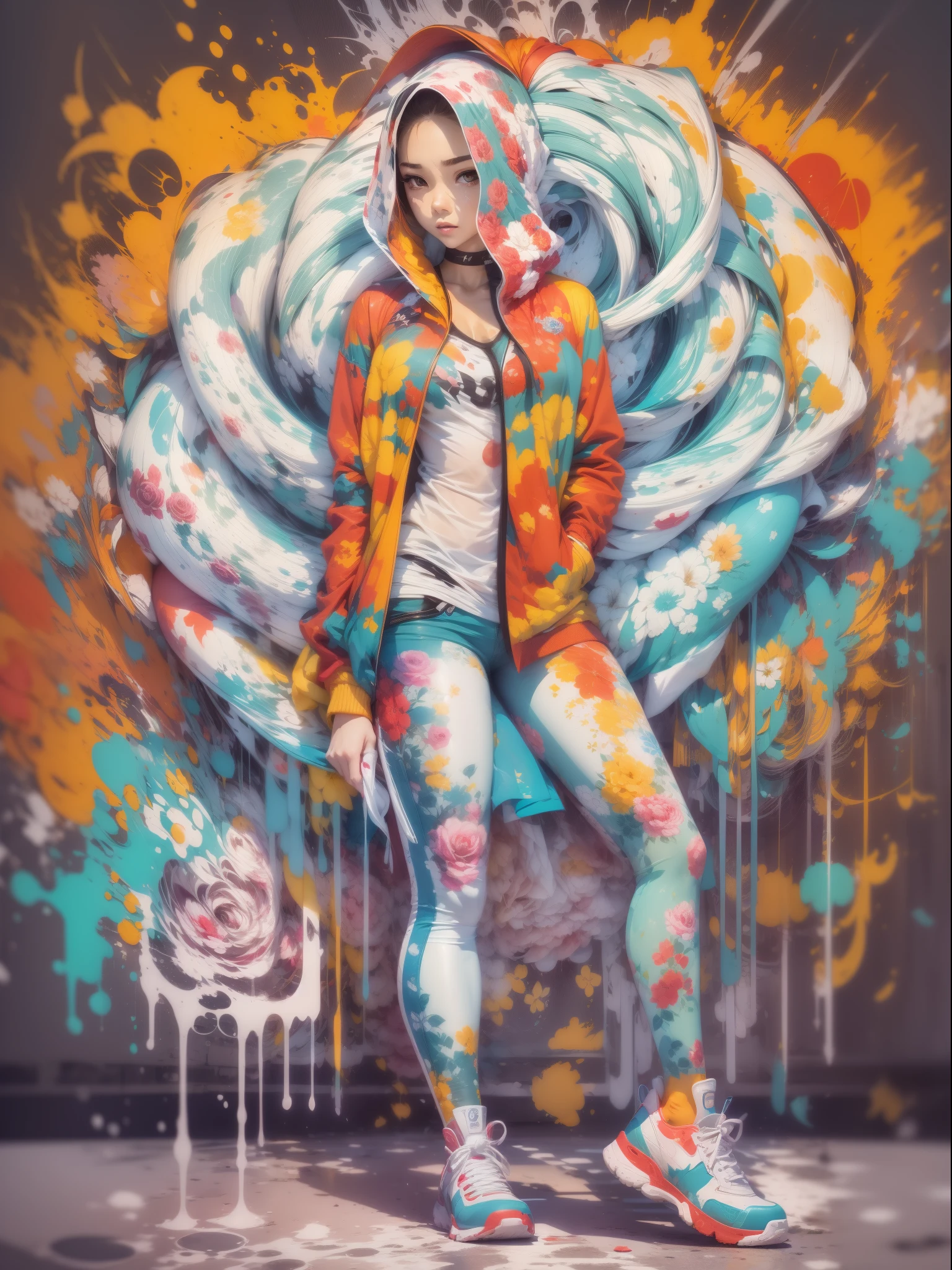 vector art, Color illustration with graffiti white rose, Located in the center, bright colors, Paint splashes and stains, high detail, White background，1 lady，thin legs，Will，The shirt is open，clear face，（（（Big breasts））），