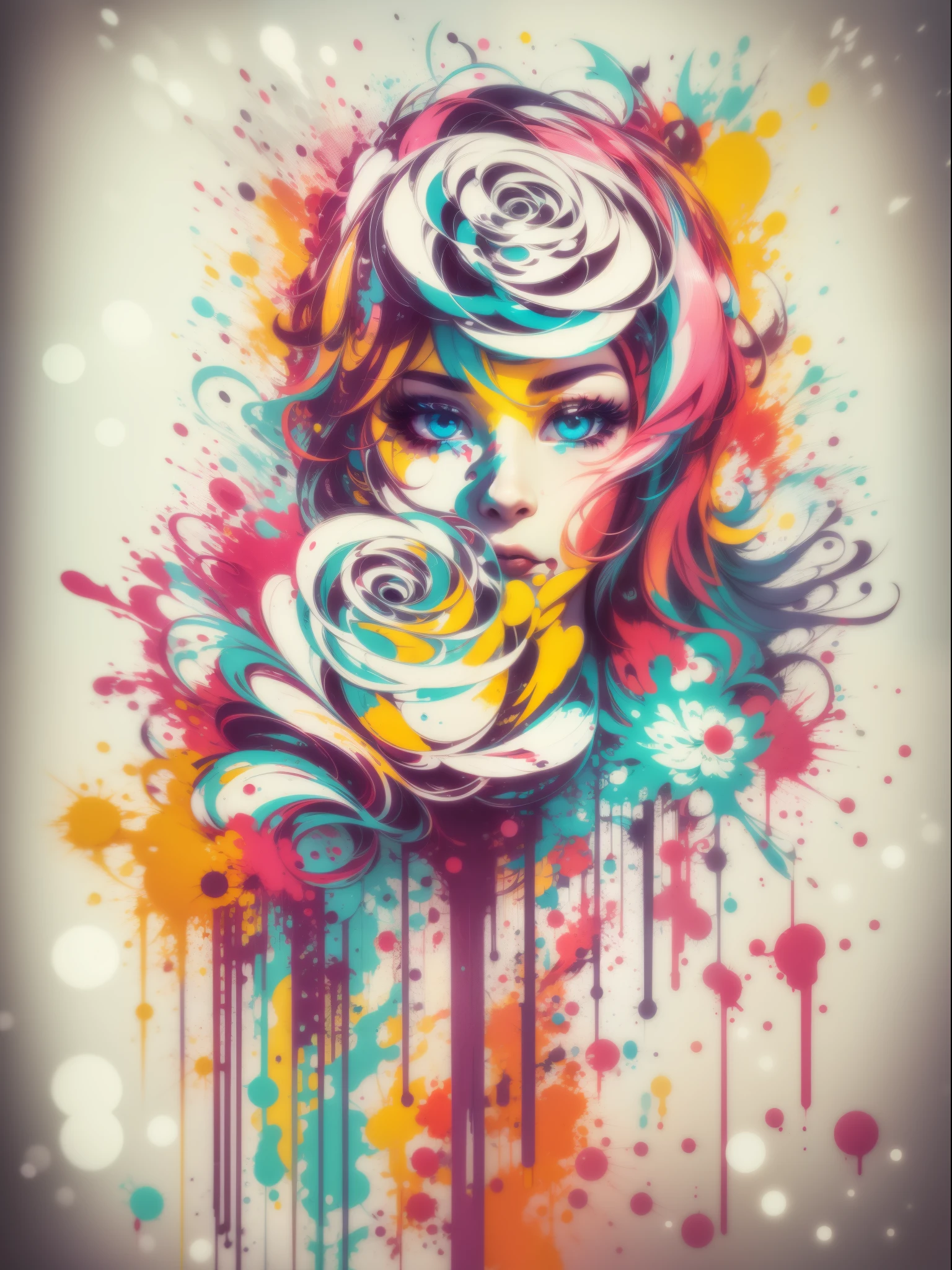 vector art, Color illustration with graffiti white rose, Located in the center, bright colors, Paint splashes and stains, high detail, White background，1 lady，thin legs，Will，The shirt is open，clear face，（（（Big breasts））），