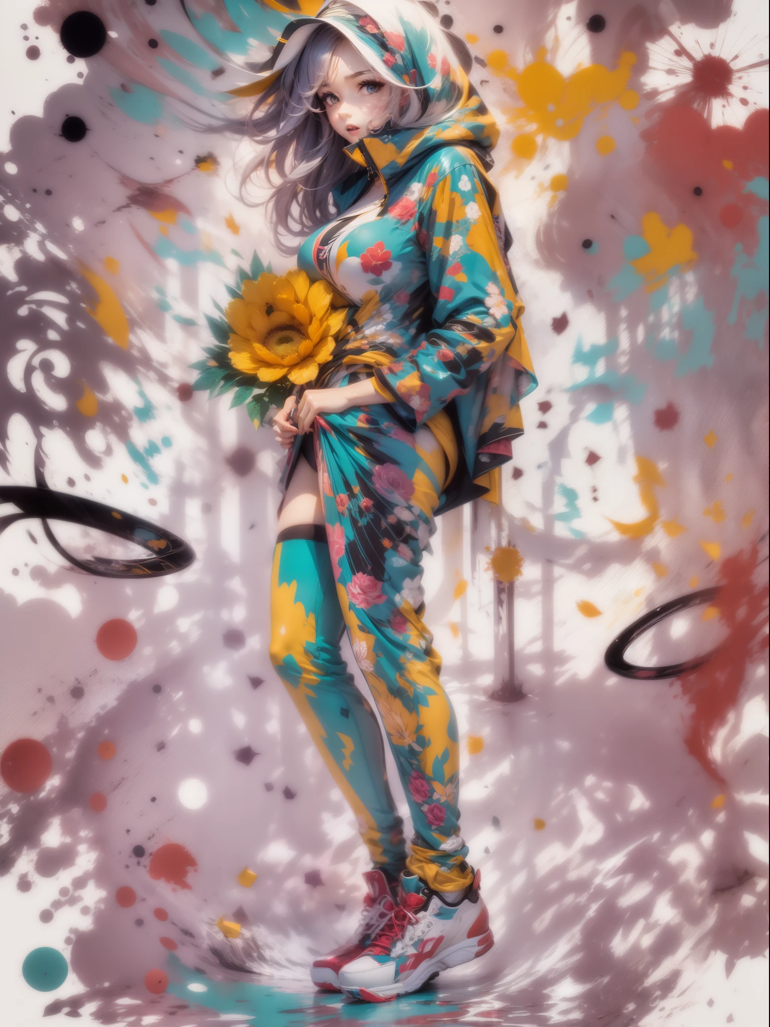 vector art, Color illustration with graffiti white rose, Located in the center, bright colors, Paint splashes and stains, high detail, White background，1 lady，thin legs，Will，The shirt is open，clear face，（（（Big breasts））），