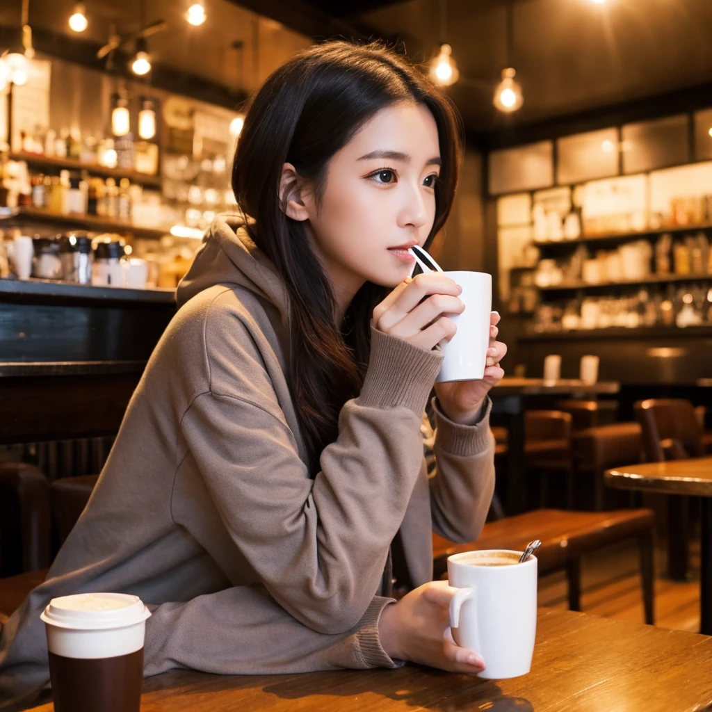 Beautiful British woman、Drinking coffee in a café、 I&#39;m at the cafe, I'm wearing a hoodie, facing forward、Crowded Japanese style cafe