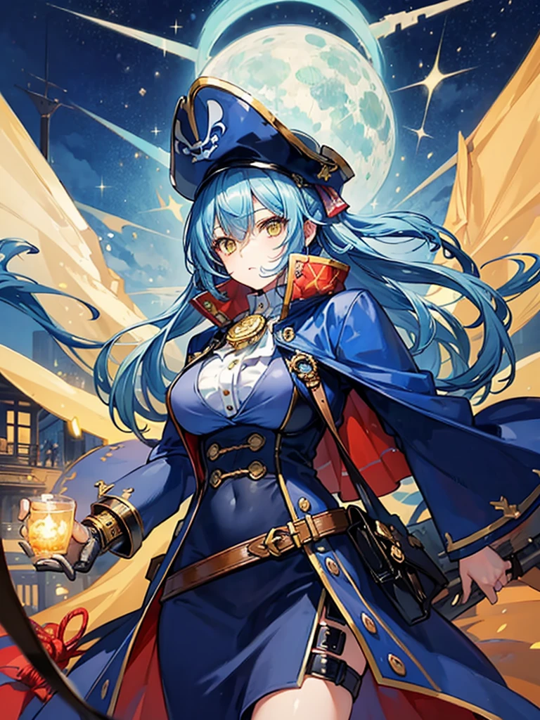 (((masterpiece、Highest image quality、highest quality、highly detailed unity 8kwallpaper)))、((Illustration of one girl、upper body))、(((beautiful girl)))、(fantasy、female pirate)、(Light light blue hair、short ponytail:1.2、yellow eyes)、(((Right hand is a prosthetic hand、steampunk prosthetic arm)))、((tall))、(bulky figure, massive frame, thick neck, sturdy arms, powerful legs)、(captain's suit、Pirate hat、Blue coat)、pier、pirate ship anchored