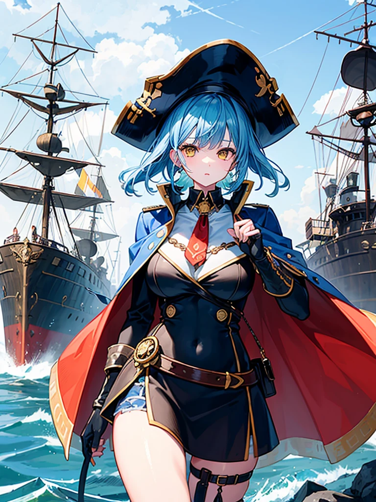 (((masterpiece、Highest image quality、highest quality、highly detailed unity 8kwallpaper)))、((Illustration of one girl、upper body))、(((beautiful girl)))、(fantasy、female pirate)、(Light light blue hair、short ponytail:1.2、yellow eyes)、(((Right hand is a prosthetic hand、steampunk prosthetic arm)))、((tall))、(bulky figure, massive frame, thick neck, sturdy arms, powerful legs)、(captain's suit、Pirate hat、Blue coat)、pier、pirate ship anchored