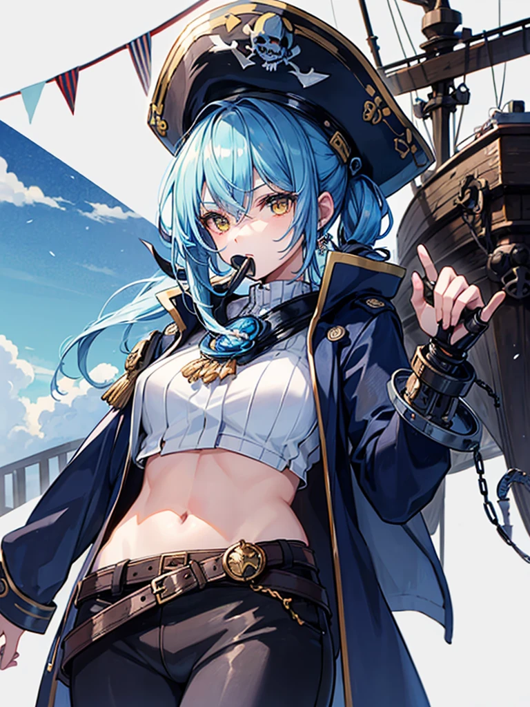(((masterpiece、Highest image quality、highest quality、highly detailed unity 8kwallpaper)))、((Illustration of one girl、upper body))、(((beautiful girl)))、(fantasy、female pirate)、(Light light blue hair、short ponytail:1.2、yellow eyes)、(((Right hand is a prosthetic hand、steampunk prosthetic arm)))、((tall))、(bulky figure, massive frame, thick neck, sturdy arms, powerful legs)、(captain's suit、Pirate hat、Blue coat)、pier、pirate ship anchored