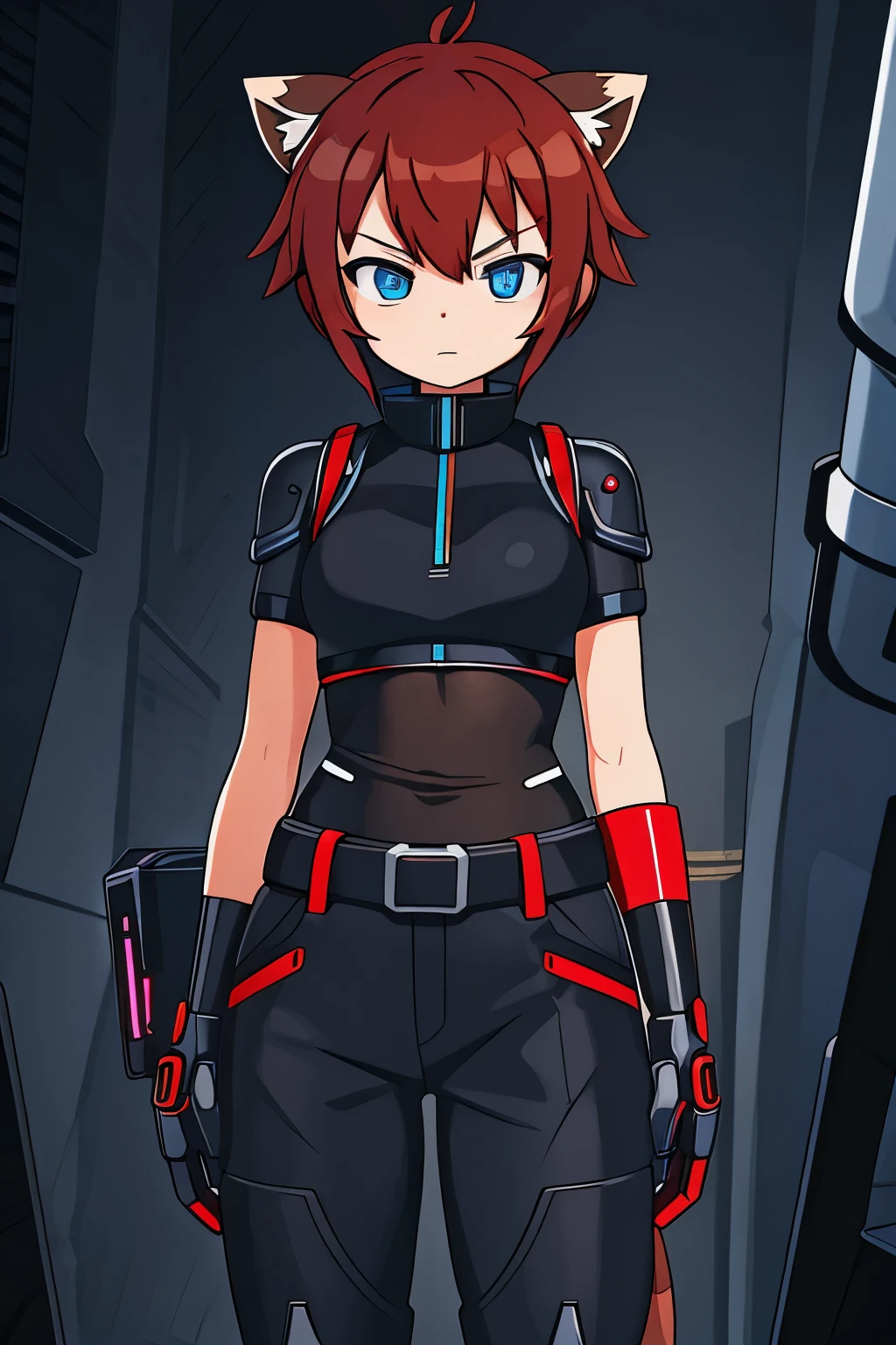 Masterpiece, intricate, anime style, full body, 1girl, rakkun, racoon girl, racoon ears, 1tail, fluffy tail, racoon tail, brown and light brown ringed tail, red and blue eyes blurred, cyber eyes, short hair, red inner hair, brown hair, a strand of hair on the left side, red hair strips, cybernetic body, mecha arms, mecha legs, mechanical arms, mechanical legs, short black shirt uncovered on the shoulders and with a black mesh with black borders up to the collar, polo shirt, short black skitr whit dark red checkered, black belt around the waist, looking at viewer, best quality, 4k,highres, professional art, professional drawing, professional lineart, outlined markers
