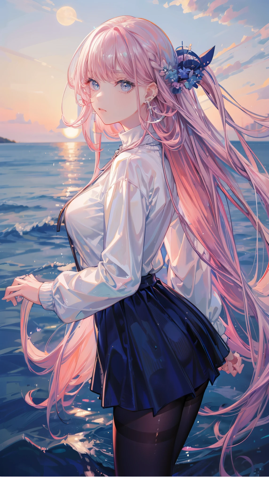 masterpiece, best quality, dusk, moon, across the sea, realistic, real, huge_File size, wallpaper, girl, milf, long hair, pink hair, Cross bangs, Beautiful and delicate eyes, aqua eyes, view viewer, small breasts, sweater dress, mini skirt, black pantyhose, earrings, jewelry, cross_leg, yokozuwari,