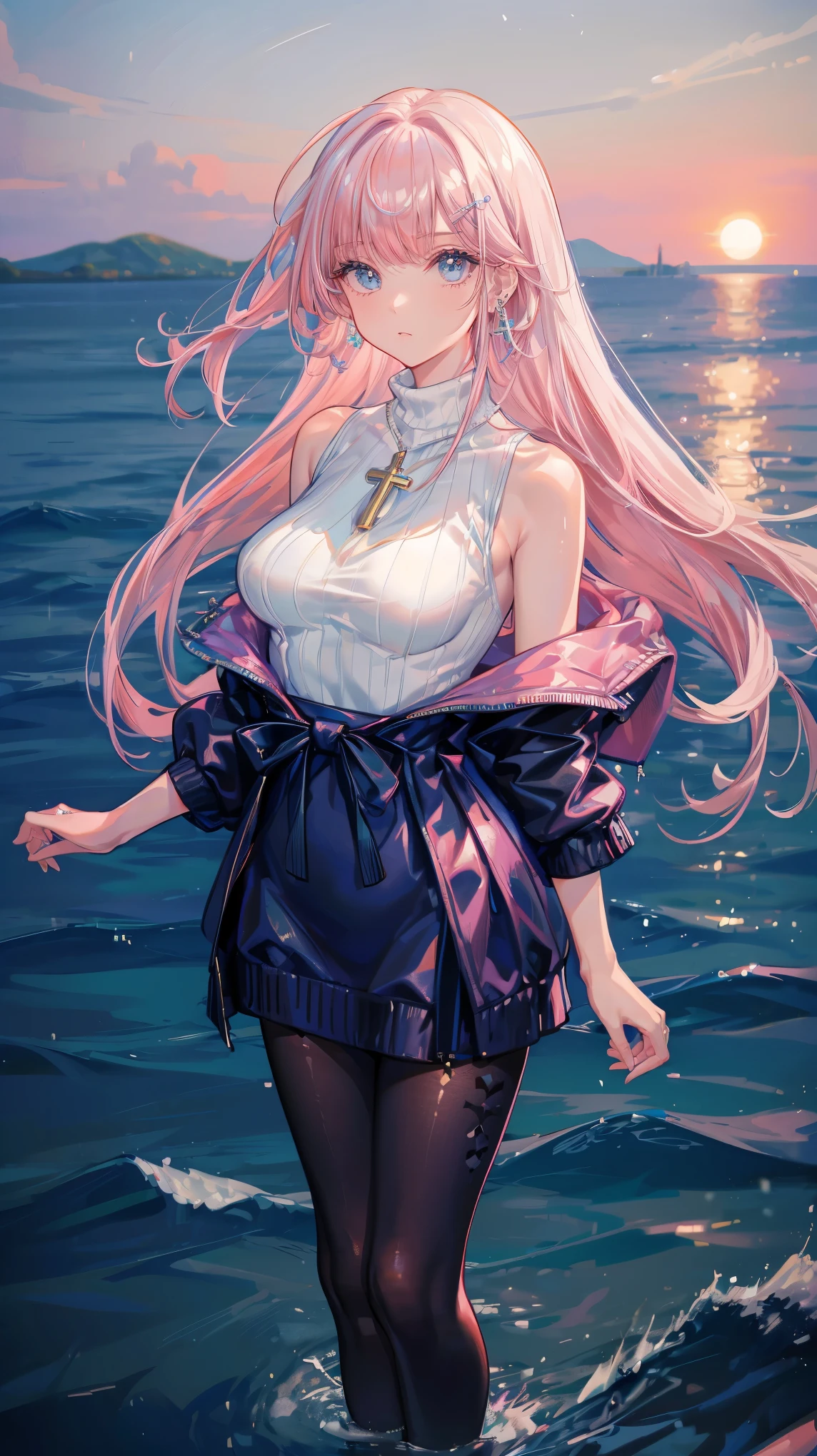 masterpiece, best quality, dusk, moon, across the sea, realistic, real, huge_File size, wallpaper, girl, milf, long hair, pink hair, Cross bangs, Beautiful and delicate eyes, aqua eyes, view viewer, small breasts, sweater dress, mini skirt, black pantyhose, earrings, jewelry, cross_leg, yokozuwari,