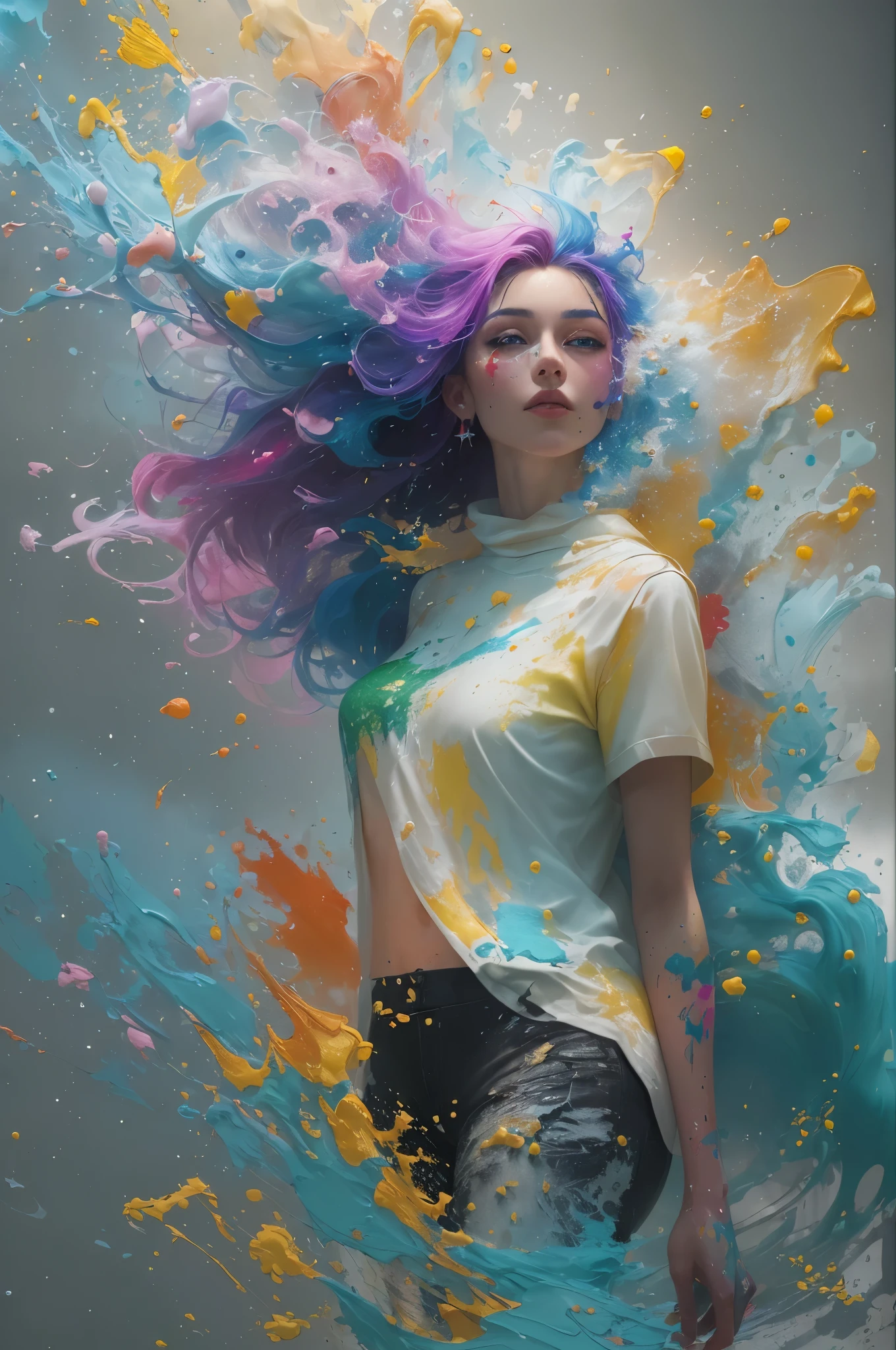 vector art, Color illustration with graffiti white rose, Located in the center, bright colors, Paint splashes and stains, high detail, White background，1 lady，thin legs，Will，The shirt is open，clear face，（（（Big breasts））），