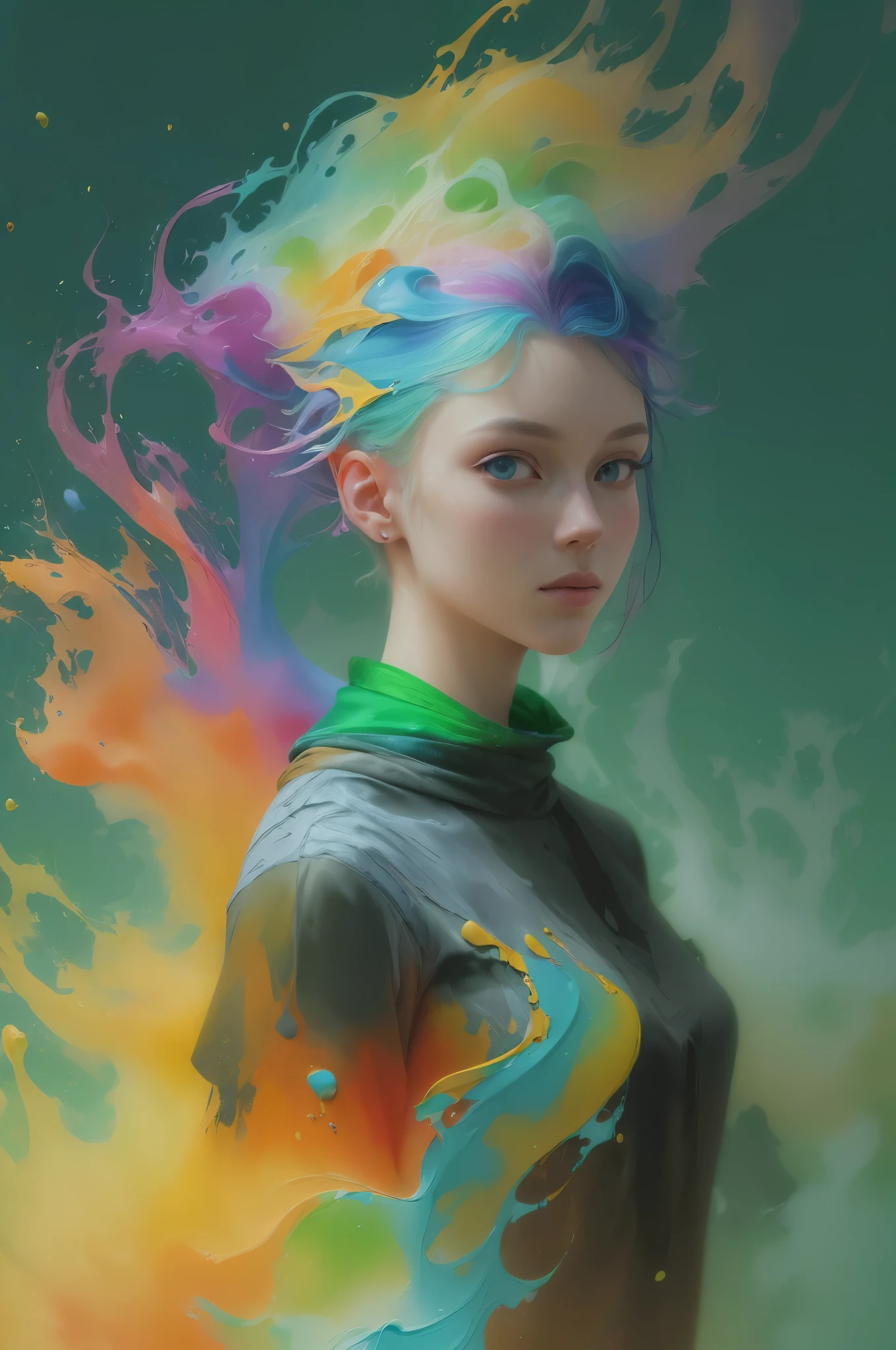 (level difference:1.8),(The paint collides and splashes onto the canvas),(depth of field),(flat color:1.1,(theme)),1 girl,Poster,Full body female love,Gale,dense smoke,,(Liquid dye for rainbow hair:1.1) Made of paint，anti-gravity,stringy viscous liquid,(paint splatter:1.3),liquidity,Amazingly beautiful, masterpiece, Detailed background,Super high quality model, ethereal background,abstract beauty, volume, painting,Blow,romantic lighting,subsurface scattering,glow,8k,high resolution, fantastic,Ray tracing,human development report,divine light,