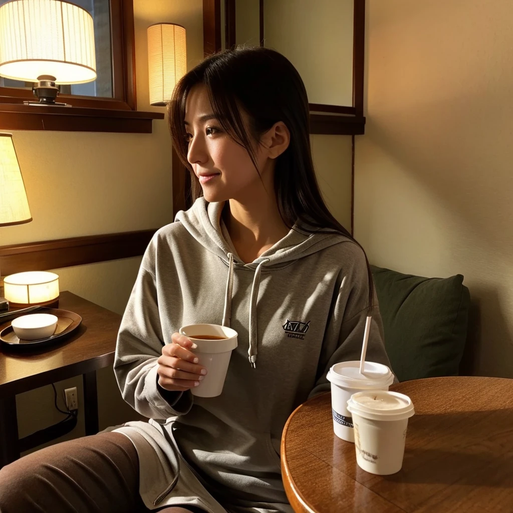 beautiful american woman、I&#39;m at a Japanese-style inn., I'm wearing a hoodie, facing forward、I'm drinking coffee、Beautiful Japanese inn