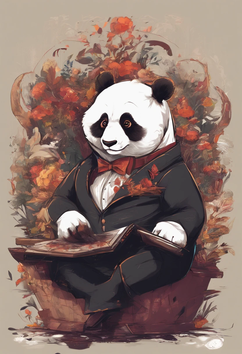 anthropomorphic panda, de cuerpo entero, vestido formalmente con un blazer, sostiene una bandeja, pegatina de panda, sticker de panda.