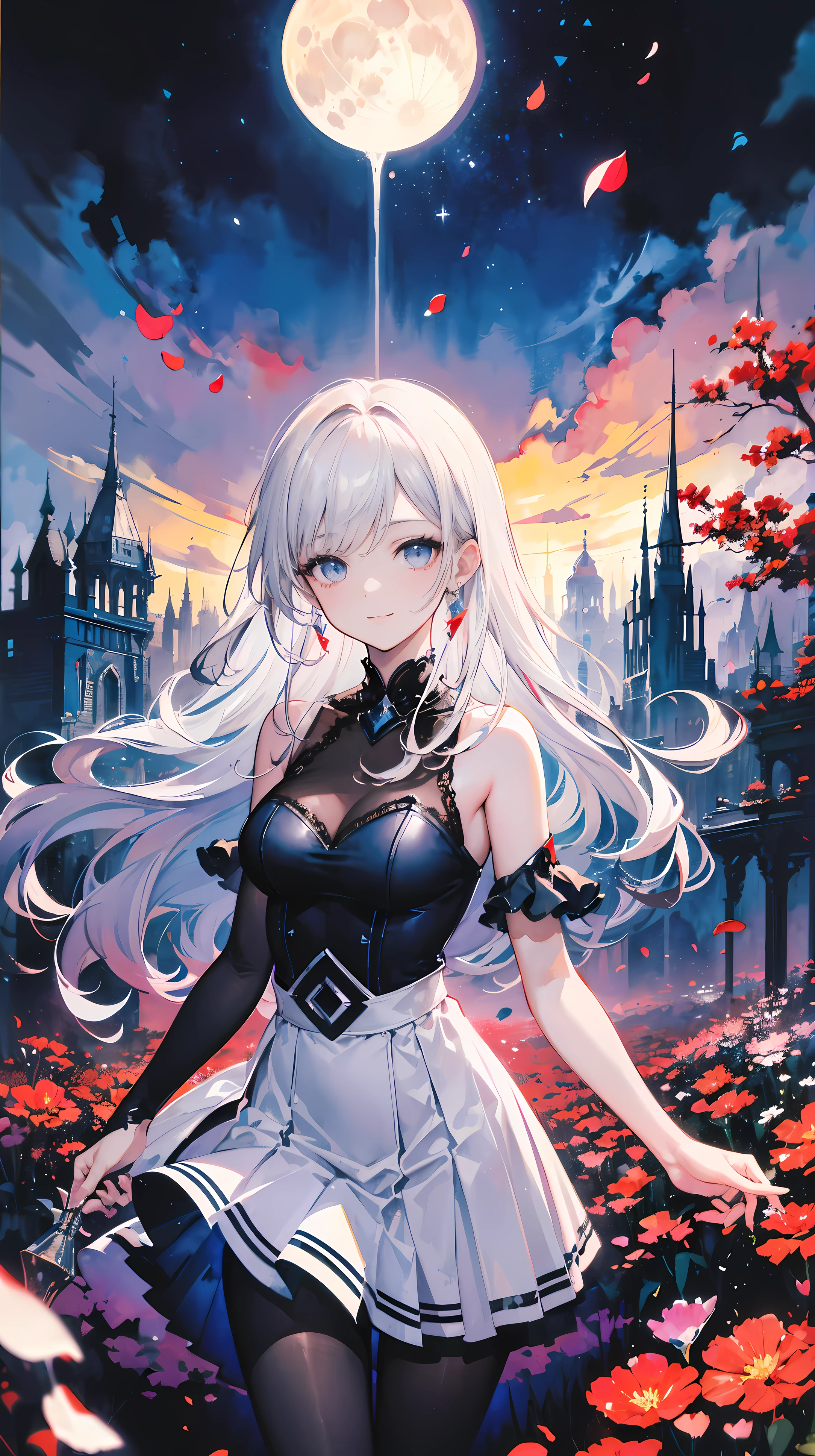 masterpiece, best quality, 1 girl, (colorful),(Exquisite and beautiful eyes and exquisite face),cinematic Lighting,Half body photo,Extremely detailed CG unified 8k wallpaper,white hair,alone,Smile,Complex skirts,((Fly petals)),(Meadows with flowers) Sky, cloudy_Sky, architecture, moonLight, moon, night, (dark theme:1.3), Light, fantasy,,fantasy, high contrast, ink strokes, explode, overexposure, Impressions of purple and red tones , Abstract, ((Watercolors by John Berkey and Jeremy Mann )) brush strokes, negative space,black pantyhose