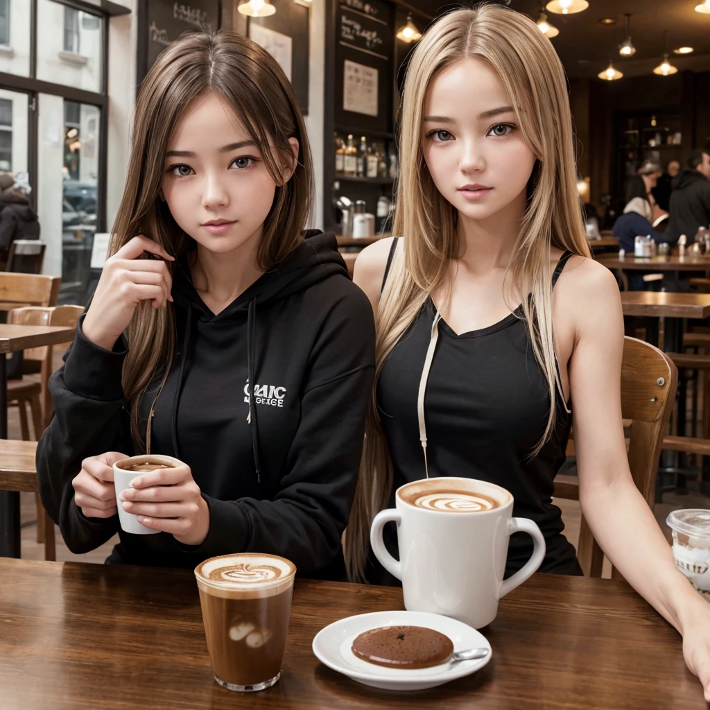 (realistic、High resolution:1.3)、There&#39;s only one white girl with a perfect figure、super thin face and eyes、long hair、Tank top、at the cafe、coffee on the table、enjoying coffee、C cup、Wearing a black hoodie