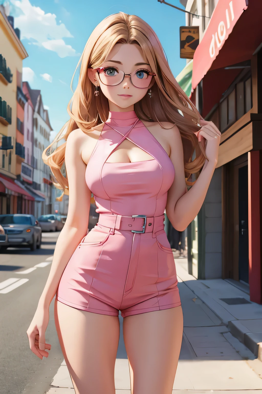 (masterpiece, professional photo:1.1), (8k, high resolution), single, solo women, European, (straight messy hair (dark blonde)), sexy curve, beautiful face, ultra detail eyes, (glasses:1.1), small breast, (high waist short pink:1.2), (red high neck:1.2), sexy goddess, street, old beach side build, high quality image